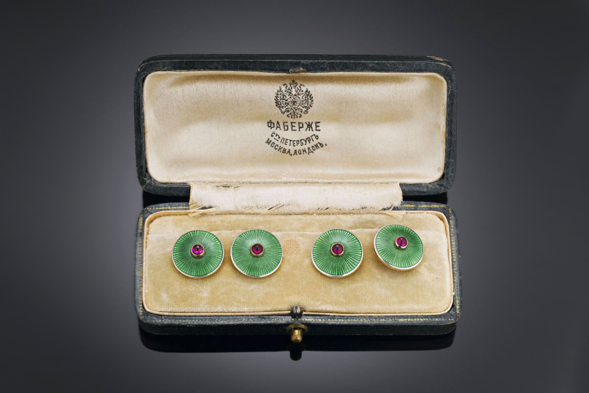 Fabergé antique ruby and green guilloché enamel cufflinks