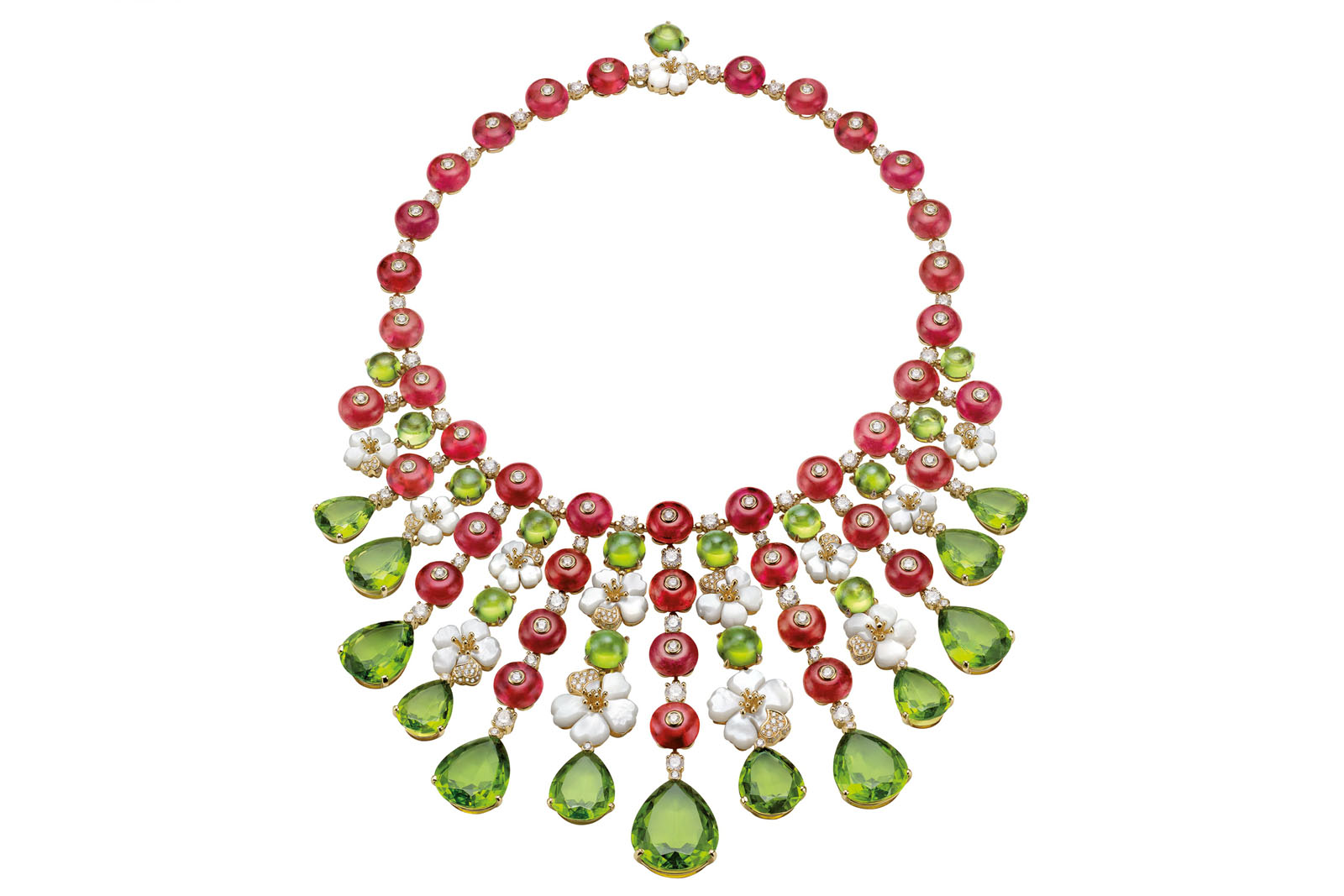 Колье Bulgari из коллекции ‘Giardini Italiani’ с перидотами, перламутром, бриллиантами и рубинами