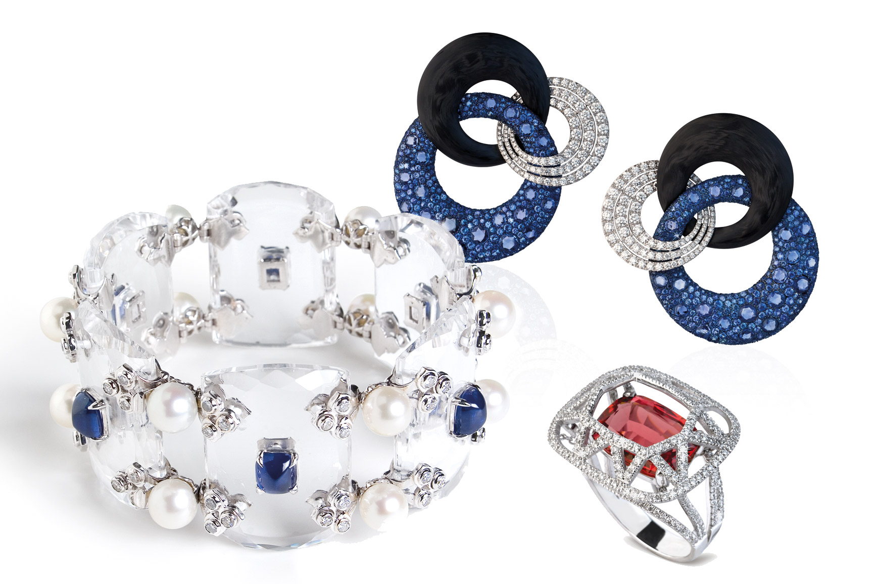 Fabio Salini 'Crystal' bracelet in rock crystal, blue sapphires, pearls and diamonds. Earrings in gold, titanium, carbon fibre, sapphires, and diamonds. 'Cage' ring in peach spinel, diamonds and gold
