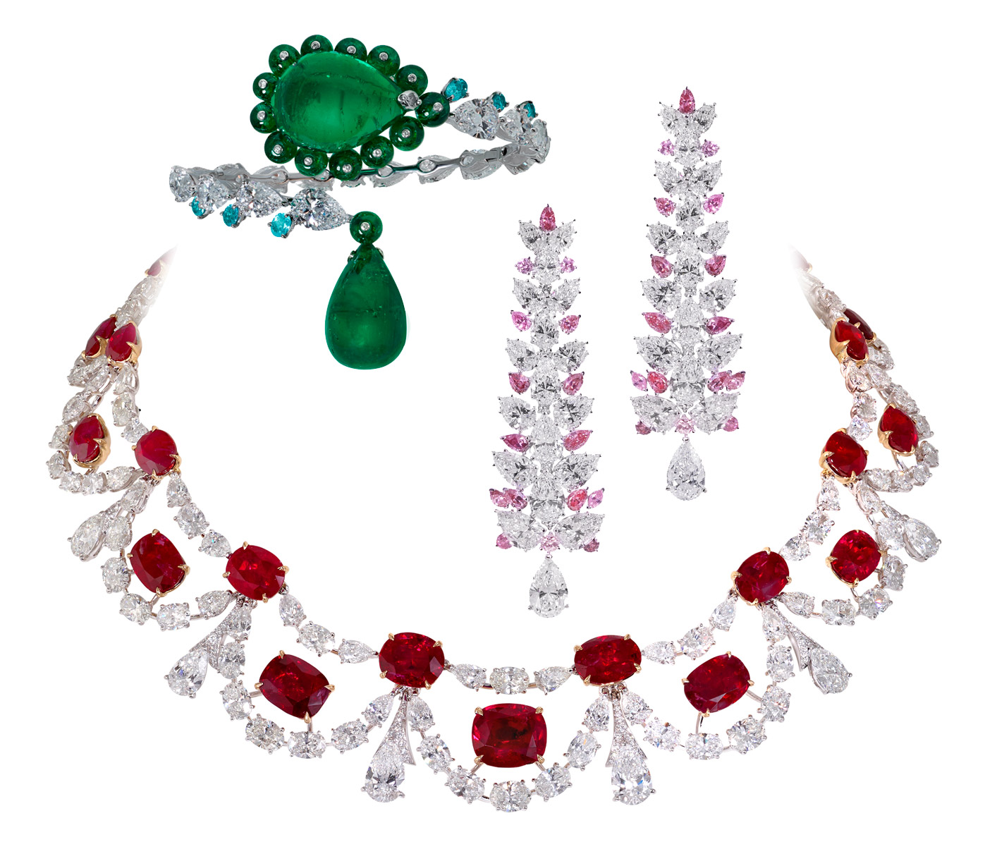 Moussaieff necklace in 77.06ct Burmese rubies and 60.77ct diamonds. Bangle in 71.34ct emeralds, diamonds and Paraiba tourmalines. Earrings in pink and colourless diamonds and platinum