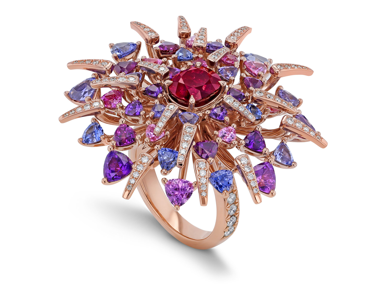 Gübelin 'Red Dahlia' ring with oval cut 2.18ct Burmese ruby, trillion cut sapphires and brilliant cut diamonds