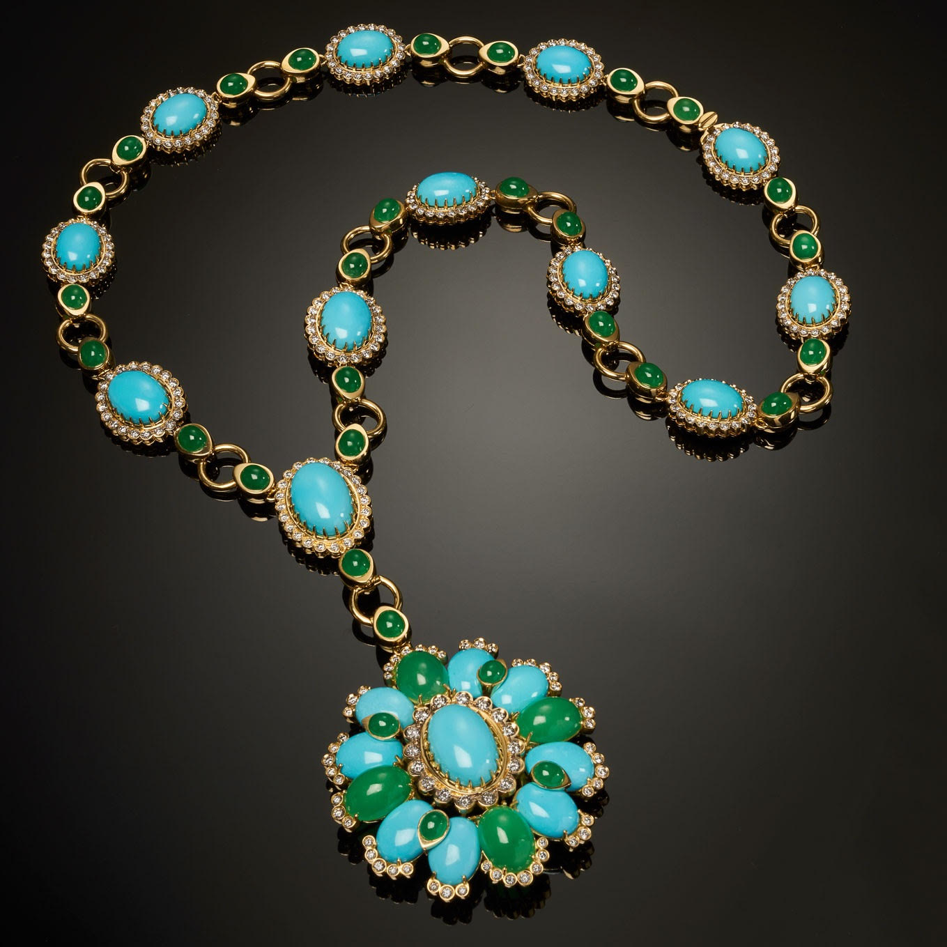 Veschetti turquoise, emerald and diamond necklace