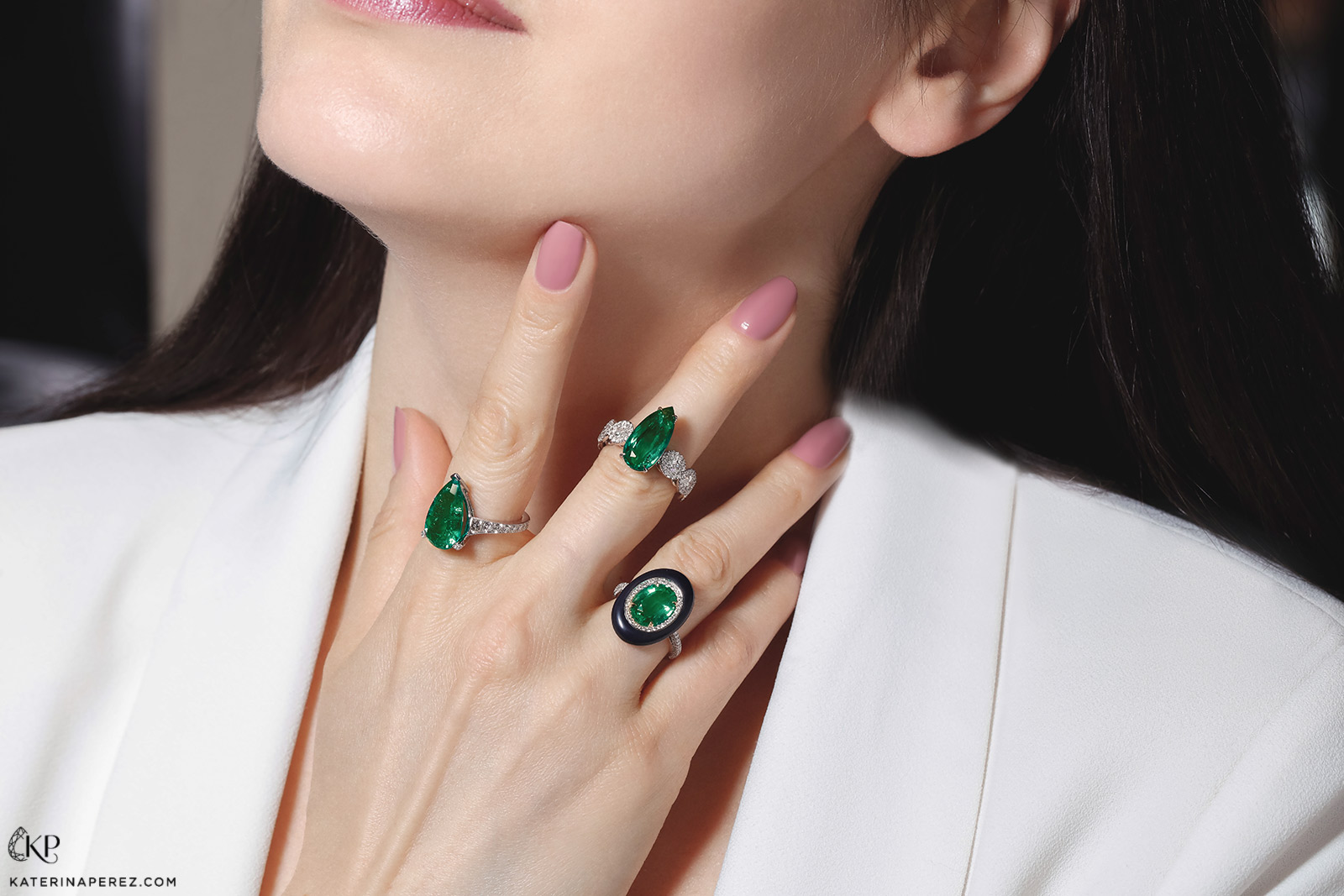 Inbar Afghani pear and oval cut emerald rings, with accenting diamonds and ebony