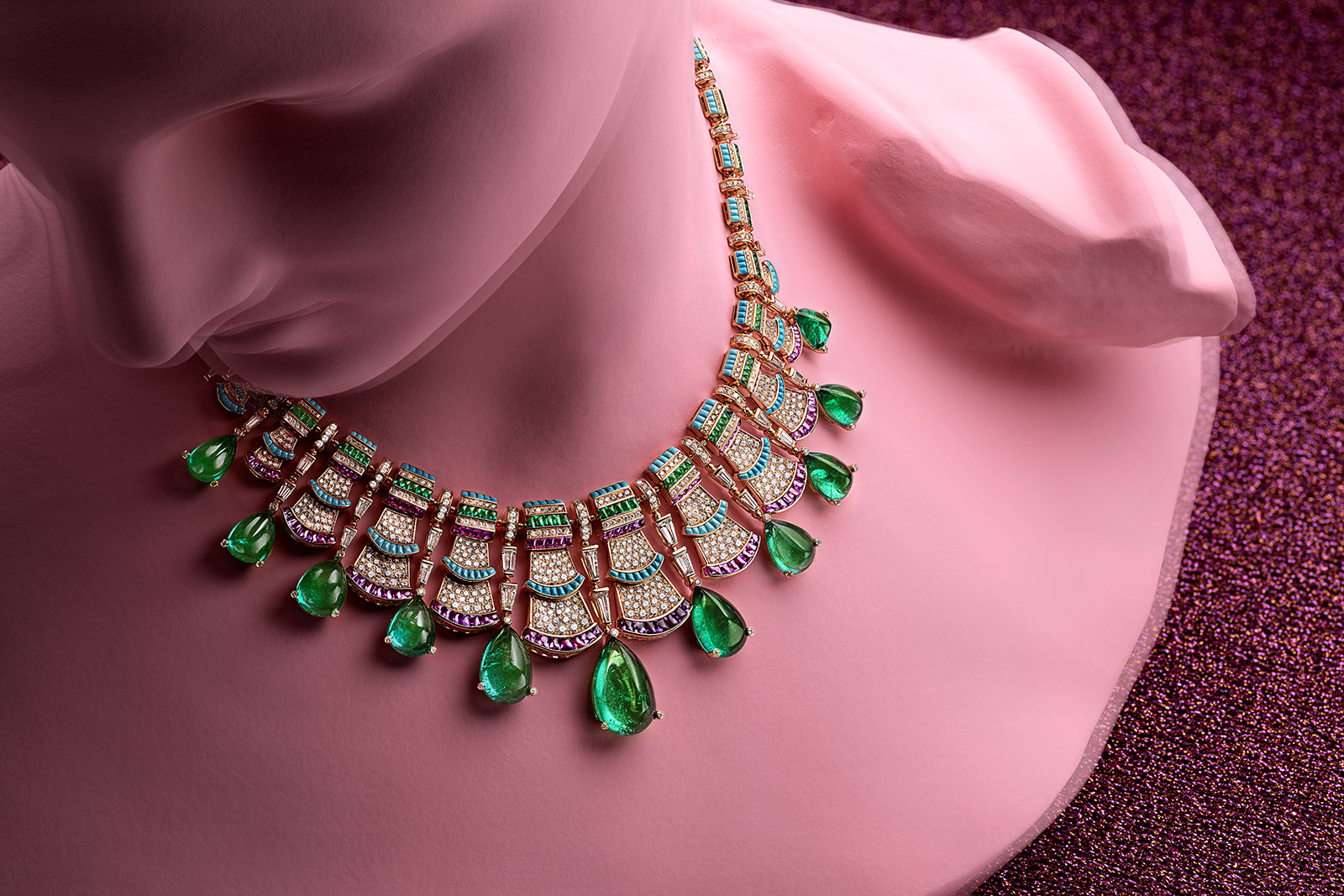 Bvlgari ‘Precious Ruffles’ necklace from ‘Roaring 80s’ line in 65.44ct drop cut Zambian emeralds, amethysts, emeralds, turquoise, and diamonds