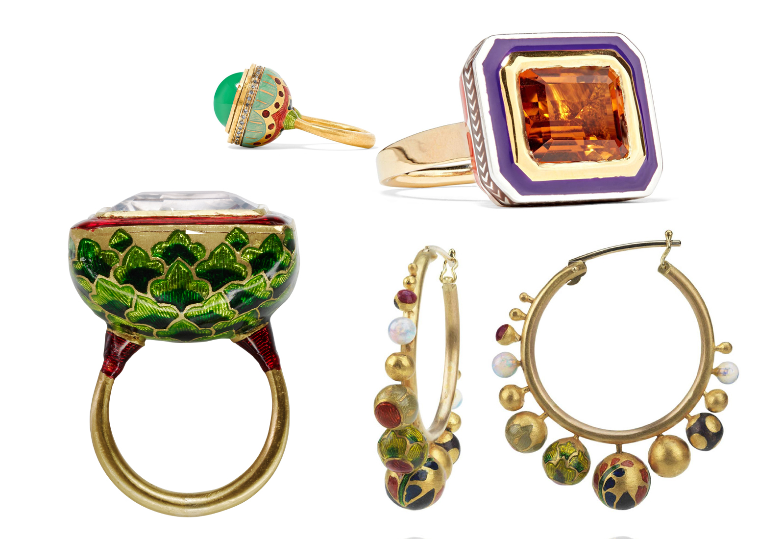 A selection of Alice Cicolini champléve enamel jewellery with gemstones in yellow gold
