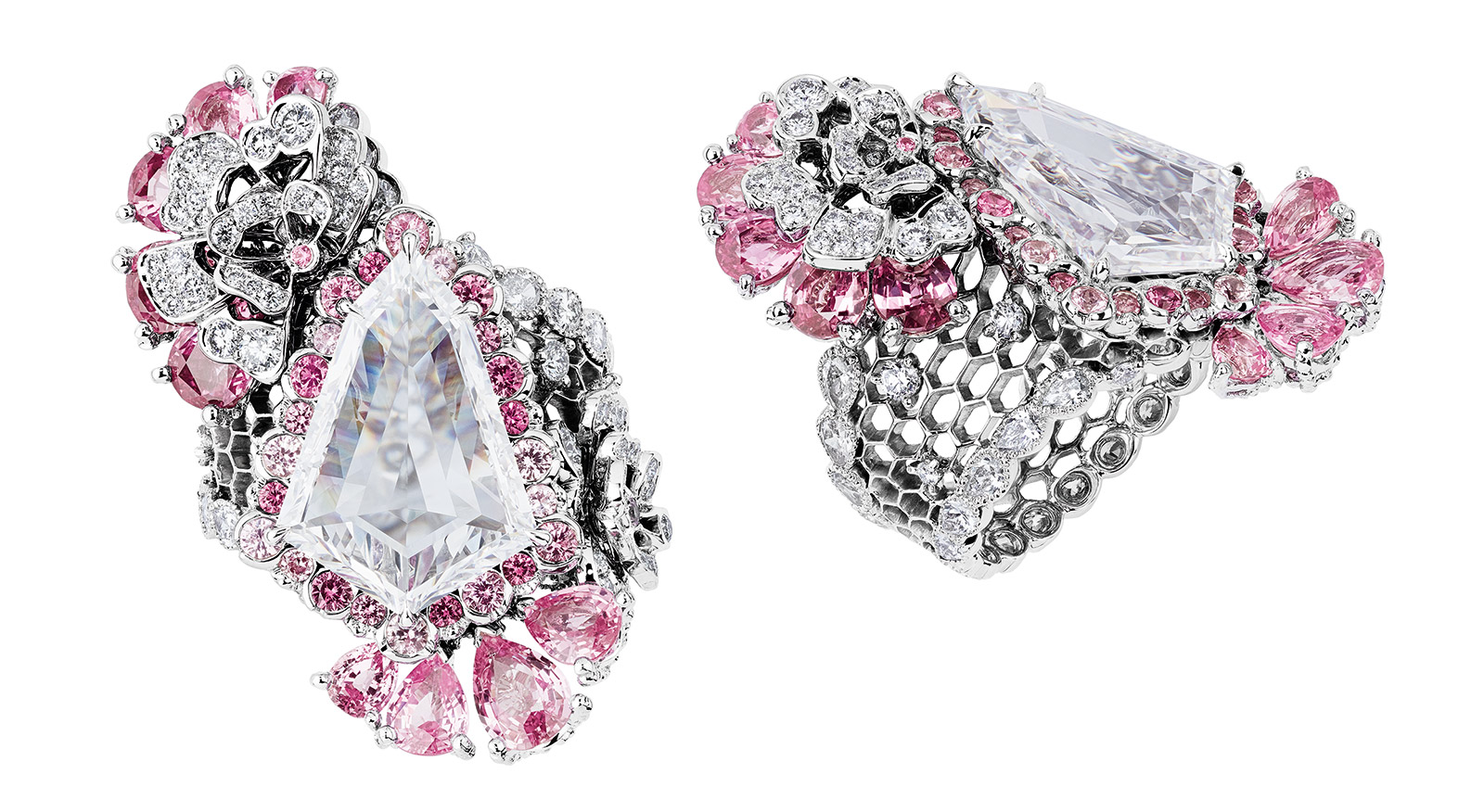 Dior ‘Dentelle Organza’ ring from the 'Dior Dior Dior' collection, with 5.07ct shield / bullet cut diamond, pink sapphires and accenting diamonds
