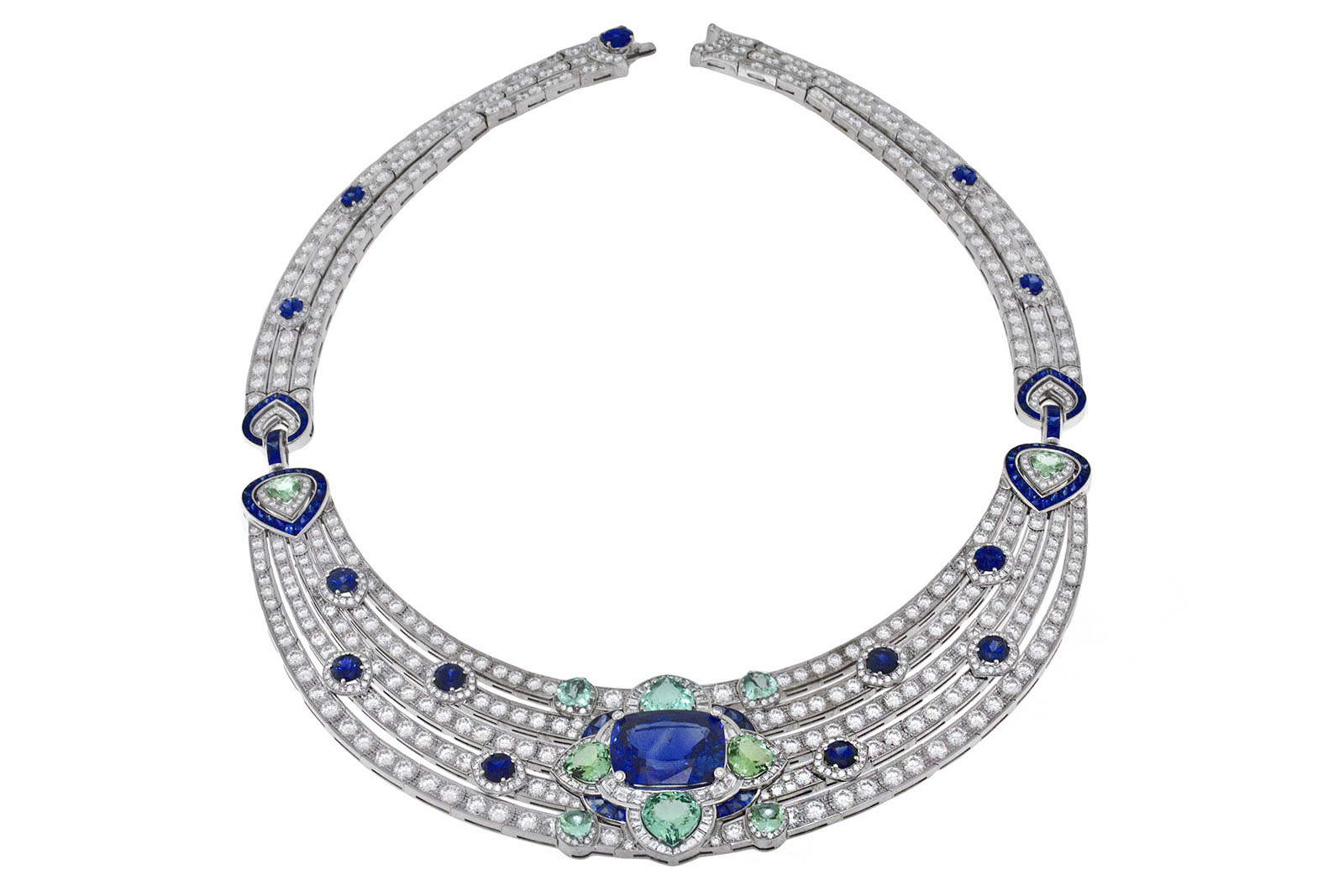 Bvlgari ‘Queen of Pop’ necklace from ‘Roaring 80s’ line with 24.82ct cushion cut Sri Lankan sapphire, sapphires, tourmalines and diamonds
