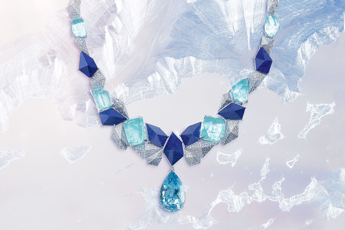 Piaget ‘Infinite Blue’ transformable necklace from the ‘Sunlight Escape’ collection with 14.52ct pear cut aquamarine, 67.34ct of Paraiba tourmalines, lapis lazuli and diamonds