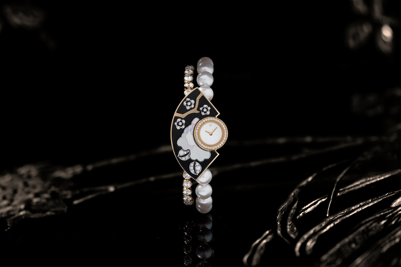 Chanel ‘Fleur De Laque’ watch from the ‘Coromandel’ collection in white gold, yellow gold, cultured pearls, diamonds, black lacquer and mother-of-pearl
