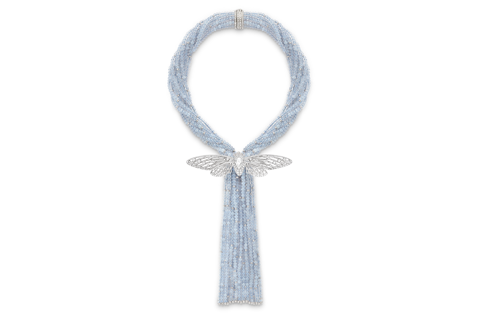 Boucheron ‘Cigale des Neiges’ necklace with detachable cicada motif in 3.07 carat kite diamond and pavé diamonds on white gold attached to chalcedony bead tassel necklace