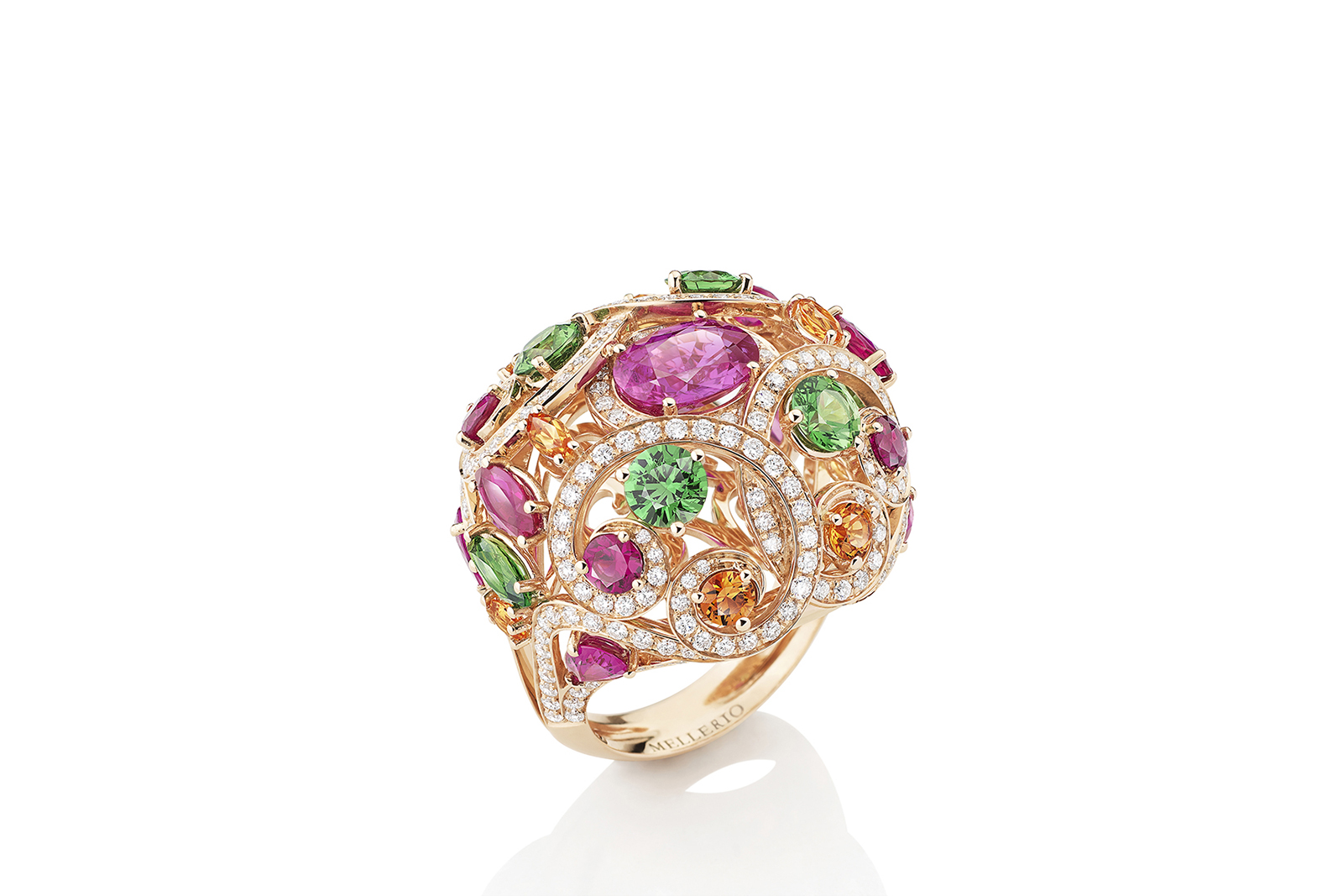 Mellerio dits Meller ‘Millerfiora’ ring from the 'Isola Bella' collection in pink sapphires, spessarite garnets, green tsavorites and diamonds