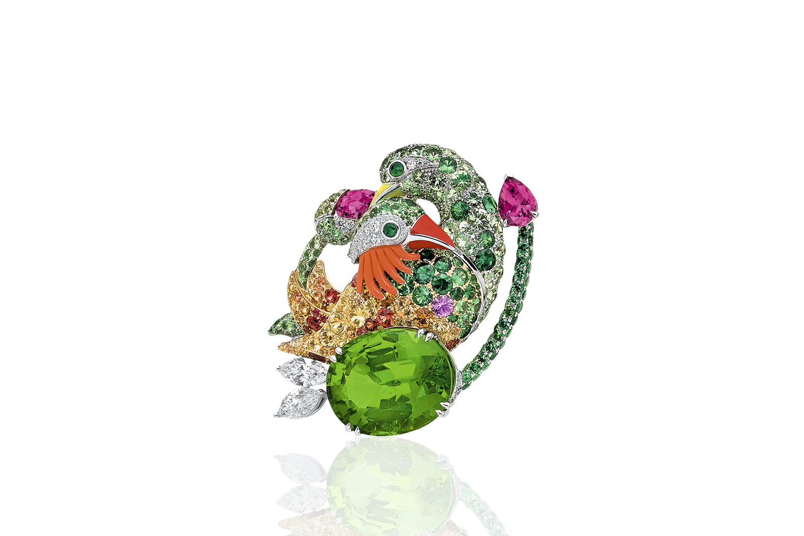 Anna Hu ‘Mandarin Oriental Ducks’ brooch with 26.13 ct peridot, carved pink coral, rubies, peridots, yellow, orange and violet sapphires