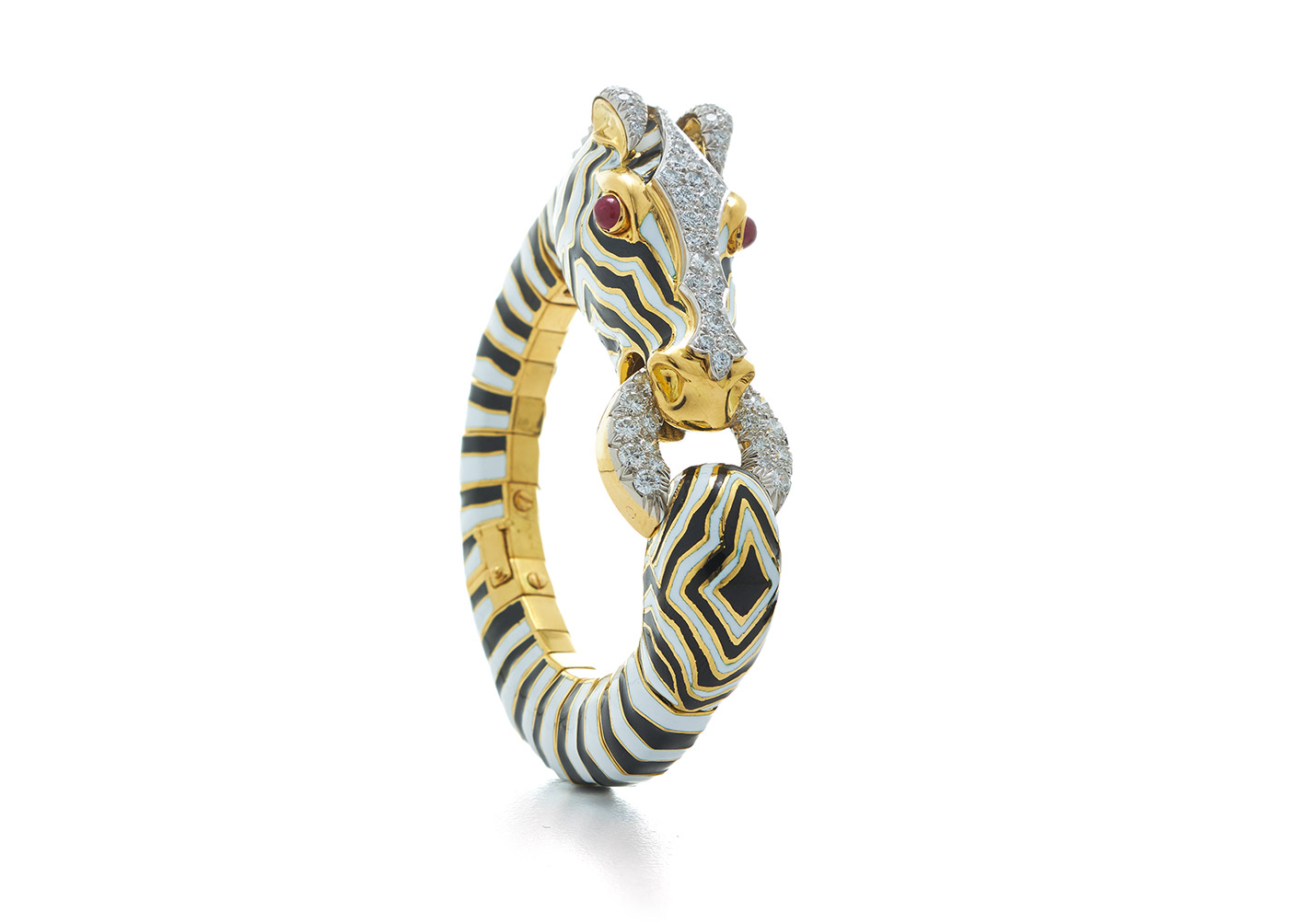 David Webb 'Zebra' bracelet with cabochon rubies, brilliant cut diamonds and enamel in 18k gold and platinum