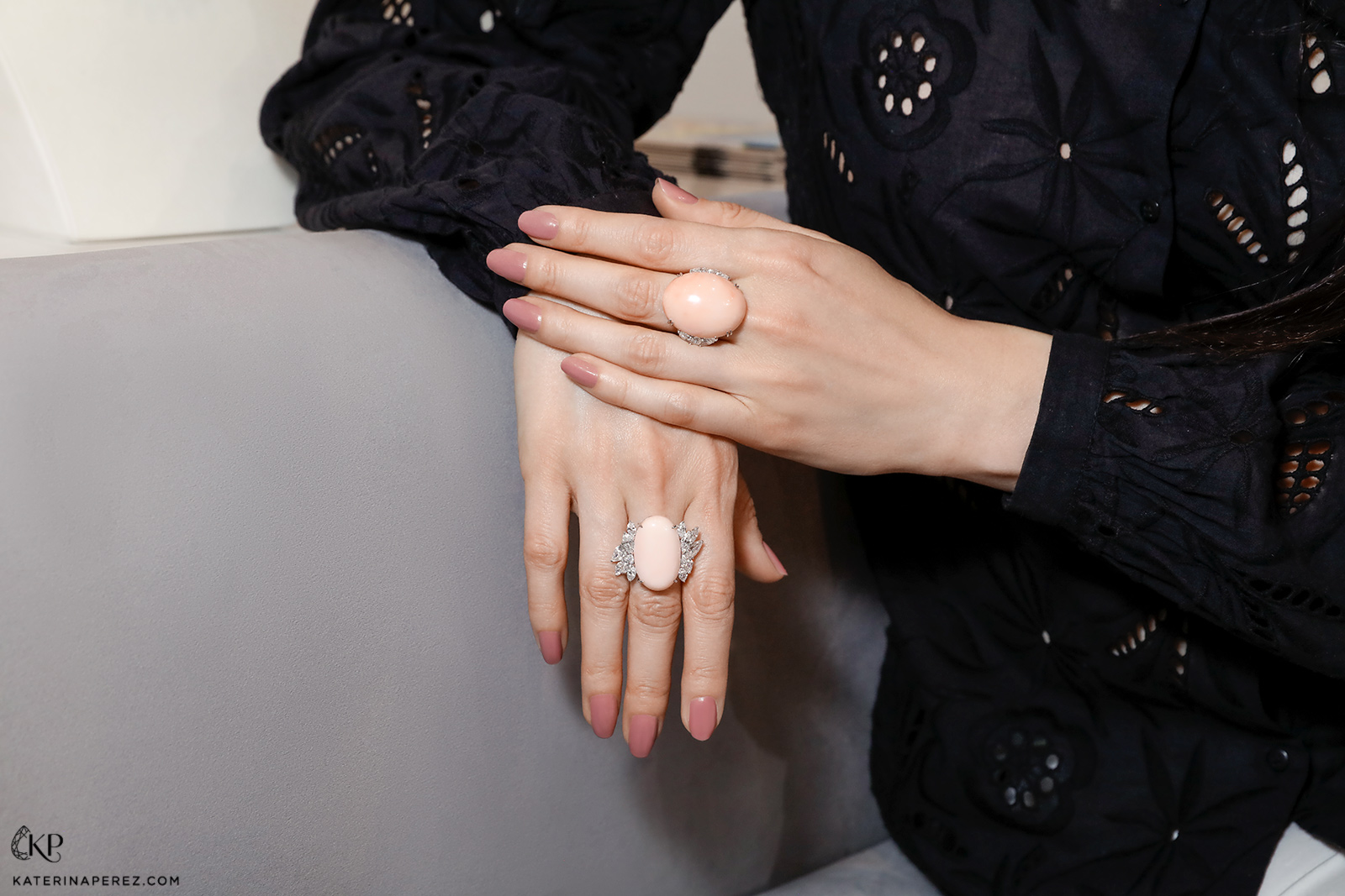 Assael rings in Angel Skin coral and diamonds