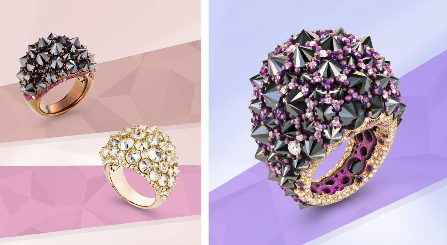 Mattioli ‘Rêve_r’ rings in titanium, with colourless and black diamonds, rubies, and rose gold with diamonds  