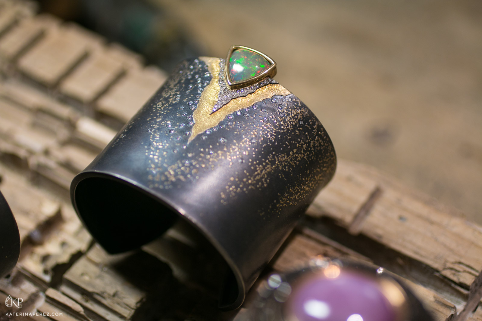 Philippe Pfeiffer cuff bracelet in opal, diamonds, gold and silver 