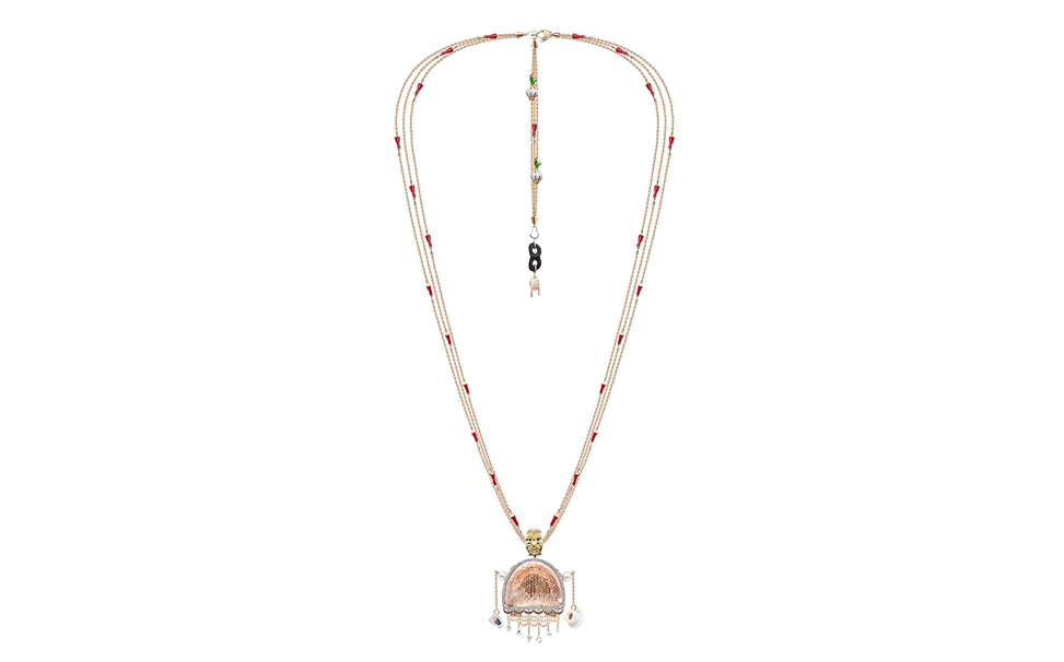 Alessio Boschi's 'Bella Napoli' pendant necklace, with fancy cut morganite, diamonds, keshi pearls, rubies and enamel details in 18k yellow gold, and rhodium plated white gold 