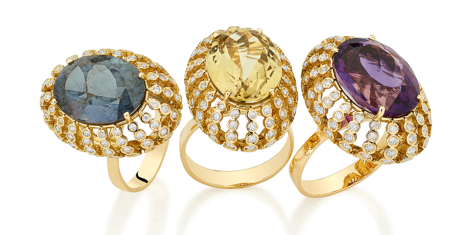 Carol Kauffmann 'Petit Pois' rings, with grey tourmaline, yellow beryl and amethyst respectively, all in diamonds and 18k yellow gold