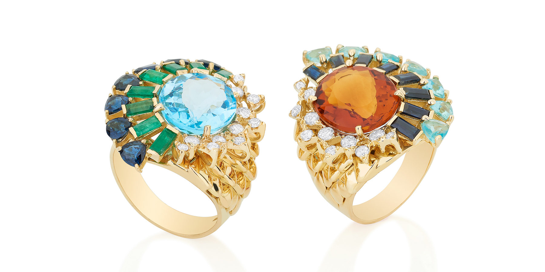 Carol Kauffmann ‘Magic Scales’ rings with (left) topaz, emeralds, sapphires and diamonds, and (right) citrine, sapphires, apatite and diamonds, both in 18k yellow gold