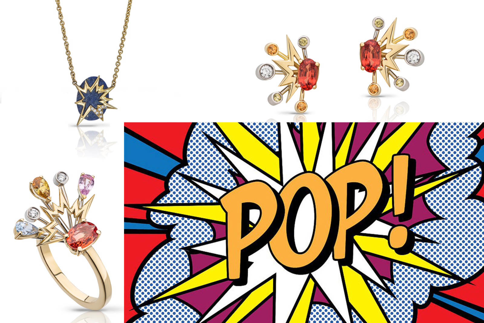 Le Ster (clockwise from bottom left) 'Zadie' ring with diamonds and fancy coloured sapphires in 18K yellow gold and platinum, 'Frida' pendant with diamonds and lapis lazuli, and 'Zadie' earrings with diamonds and fancy coloured sapphires in 18K yellow gold and platinum, with pop art by Roy Lichenstein