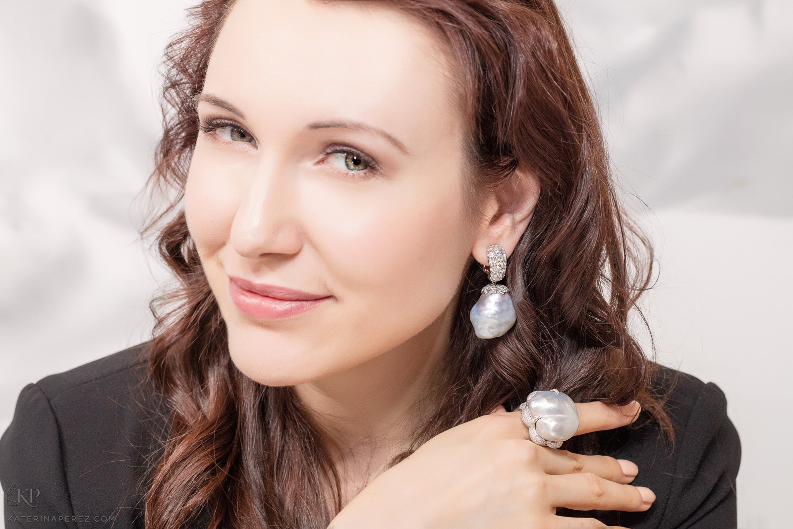 Katerina Perez in Assael baroque pearl and diamond earrings and ring