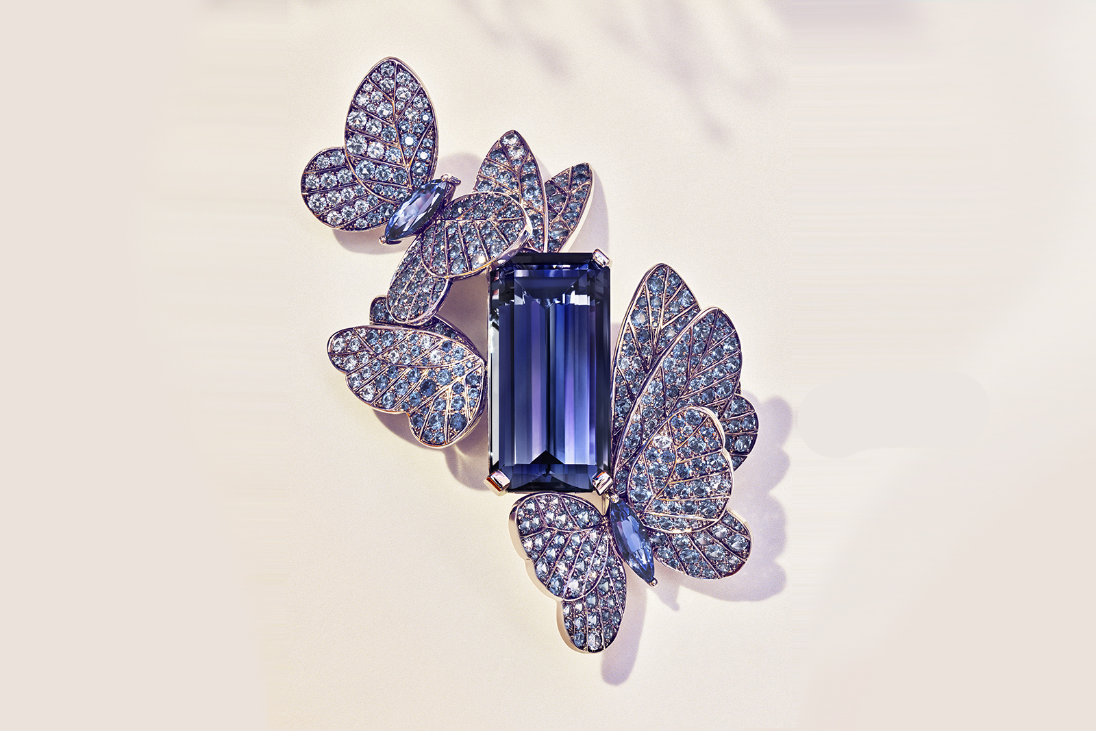 Tiffany & Co. Blue Book 2018 collection brooch in platinum with an emerald-cut tanzanite of over 27 carats, round and marquise sapphires, over five total carats, and round brilliant diamonds