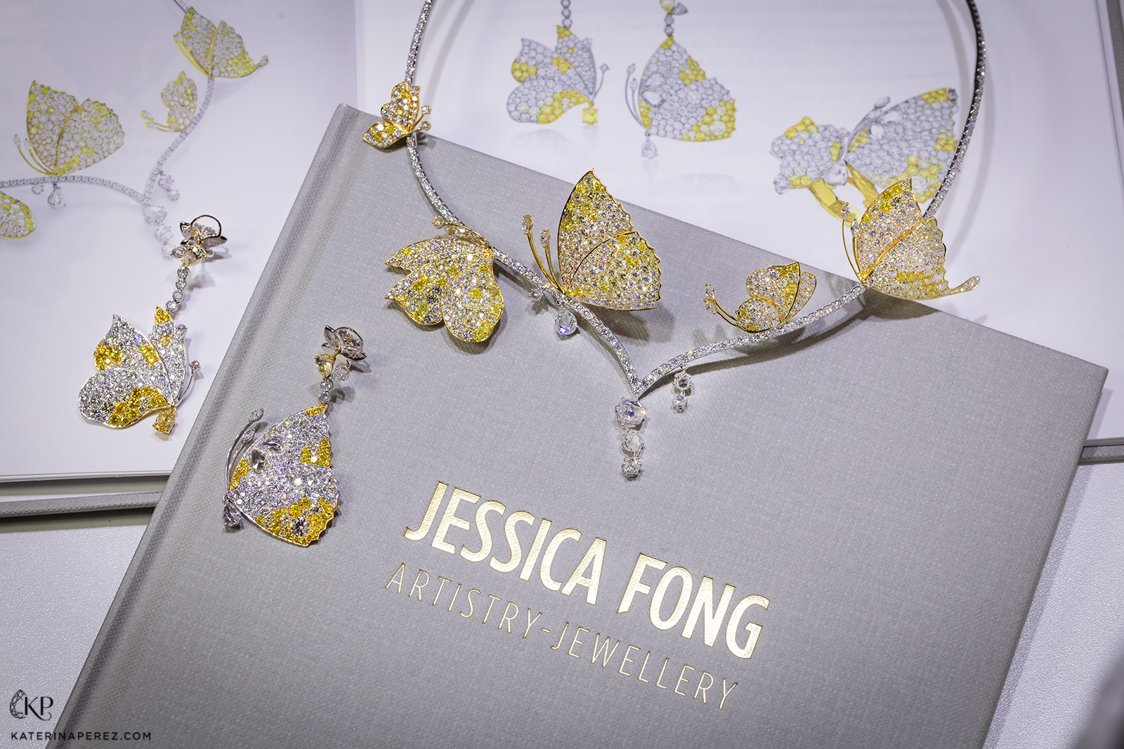 A selection of Jessica Fong 'La Floraison' jewellery with fancy yellow and colourless diamonds in 18k white and yellow gold