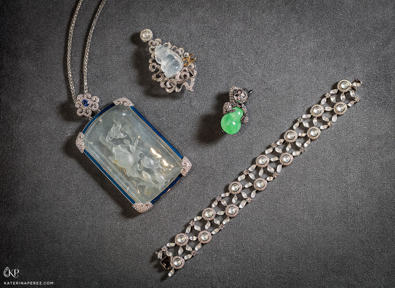 A selection of DAWN jewellery with jadeite, gemstones, diamonds, intaglio icy jadeite and enamel