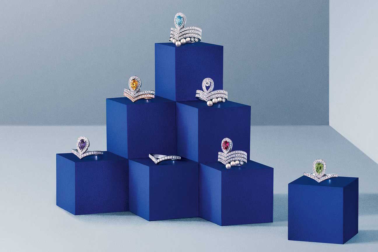 Chaumet 'Joséphine Aigrette' rings with amethyst, citrine, aquamarine, rhodolite garnet, peridot, pearls and diamonds