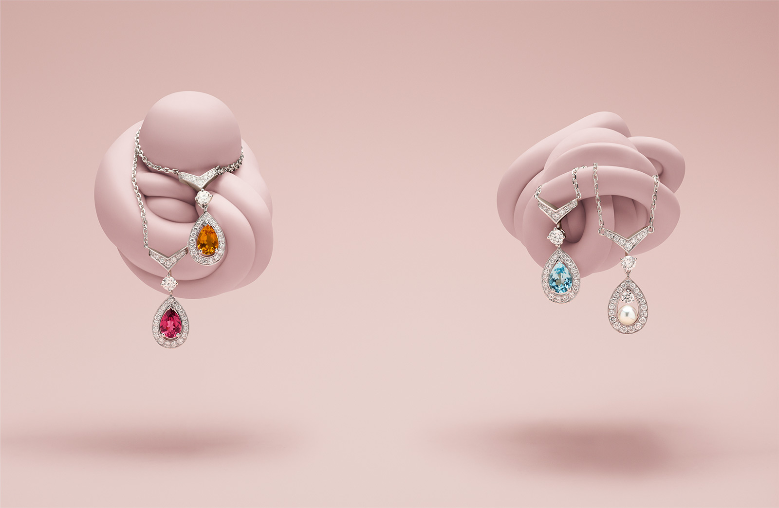 Chaumet 'Joséphine Aigrette' necklaces with 0.60ct of; rhodolite garnet, citrine, and aquamarine, with pearl and diamonds