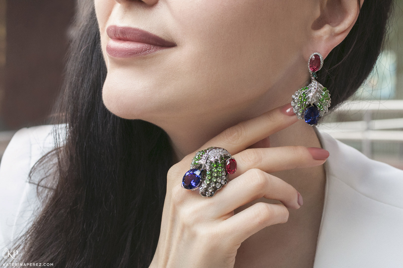 Moiseikin ‘Firebird’ ring and earrings with Waltzing Brilliance™ tanzanite, spinel, demantoid garnets, sapphires and diamonds