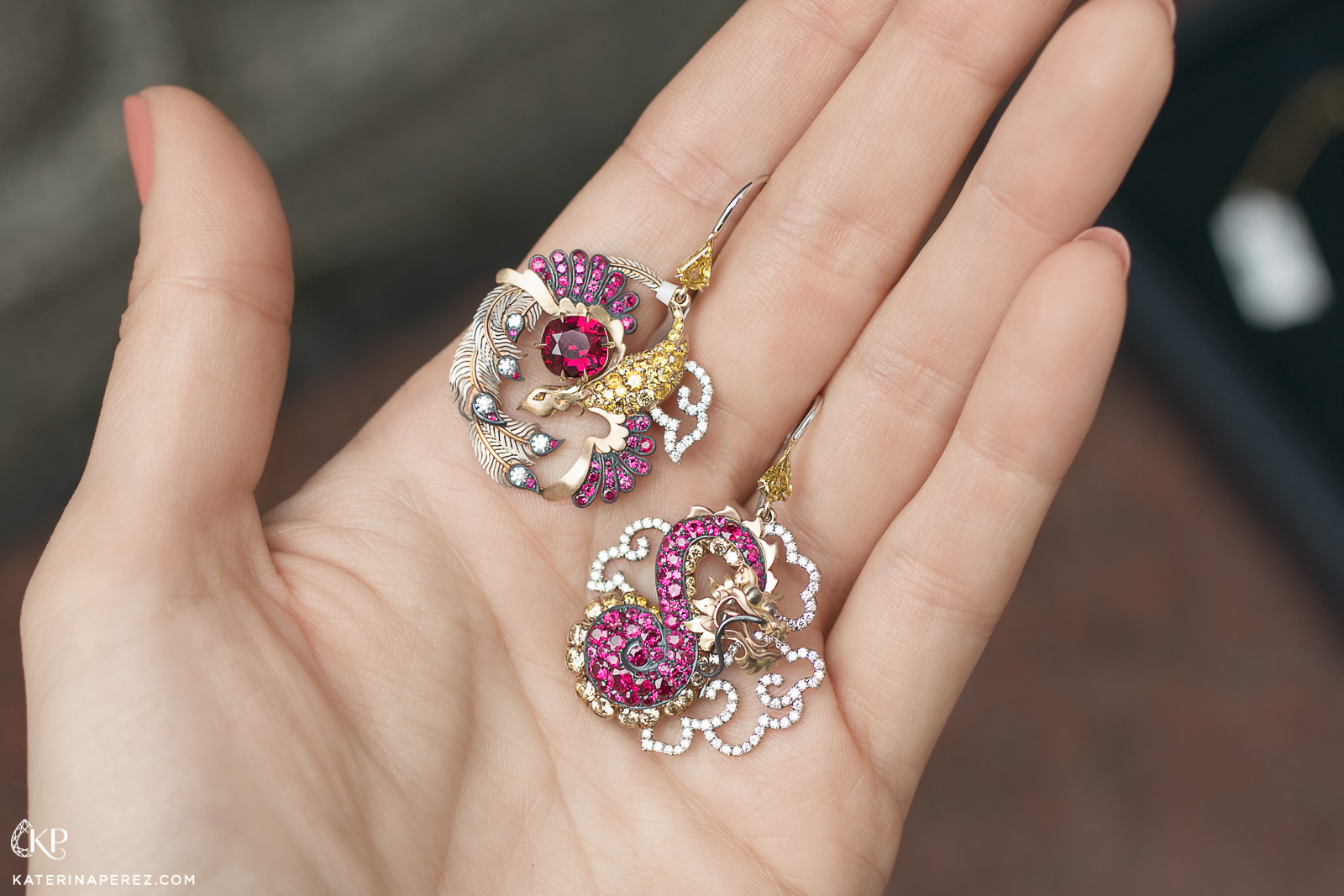 David Michael earrings with rubies, yellow diamonds and colourless diamonds in 18k yellow and black gold