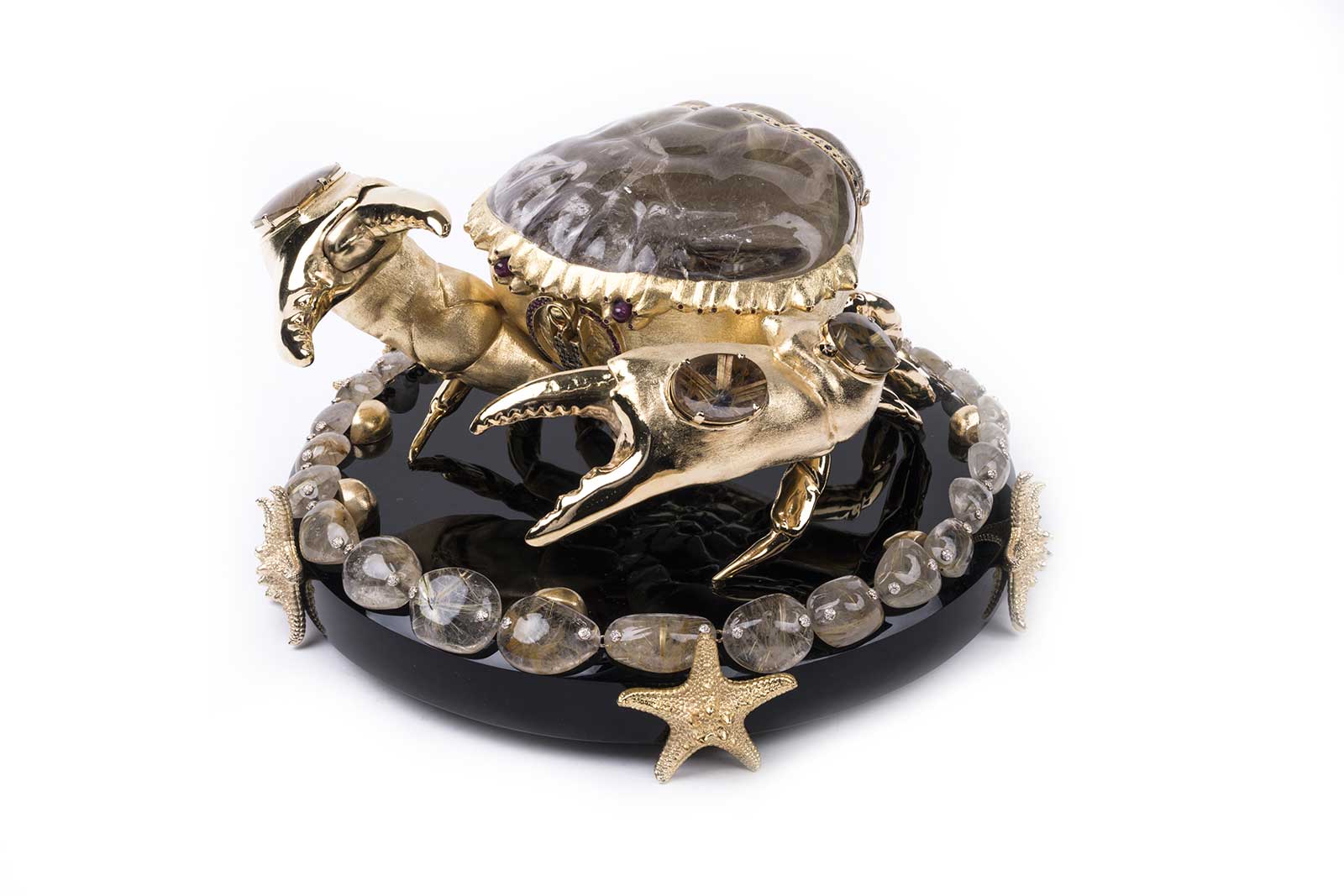 L’Aquart ‘The Crab Prince’ in hand carved Brazilian golden rutilated quartz, gold and diamonds,  in obsidian