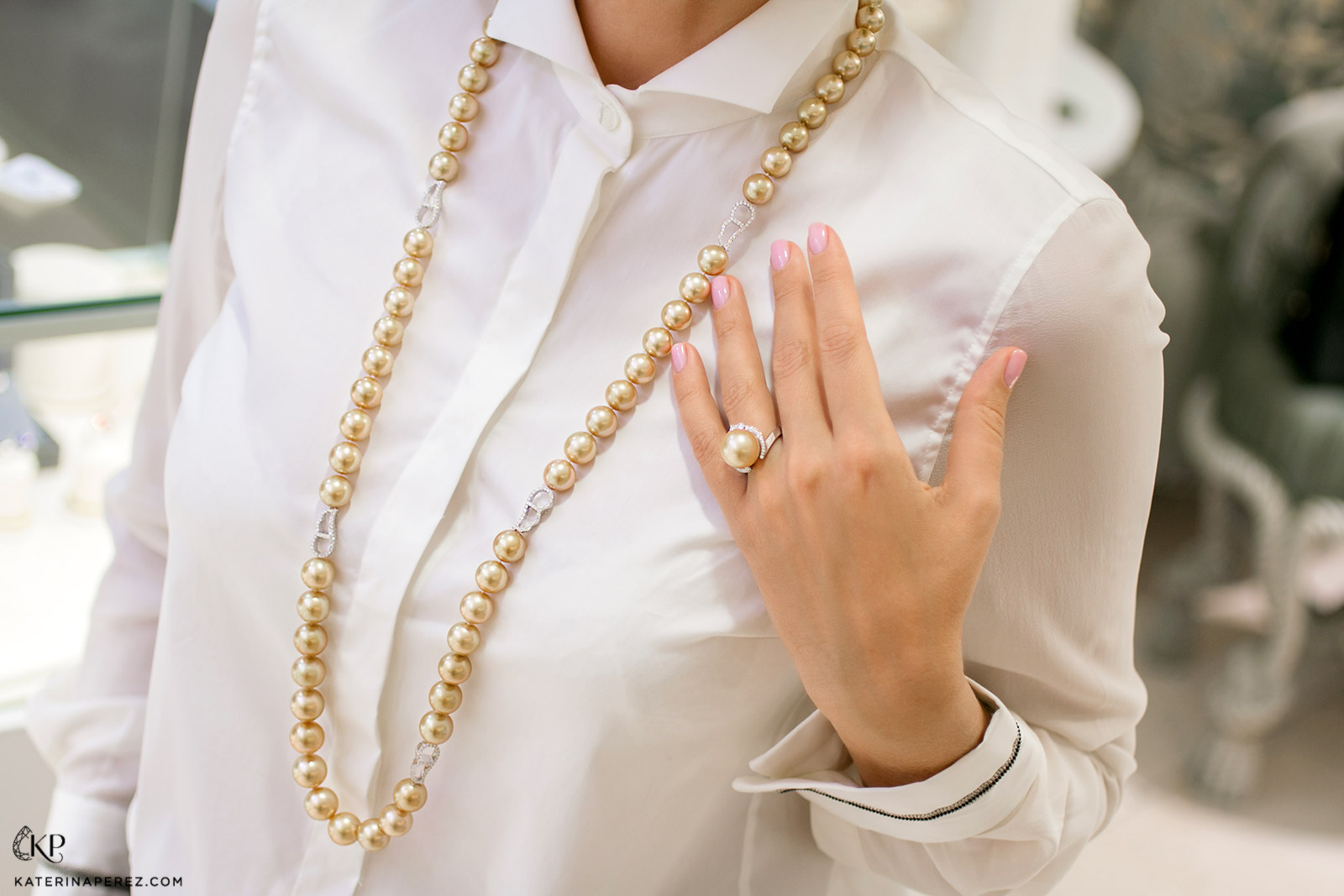 Ksenia Podnebesnaya sautoir necklace and ring with South Sea pearls and diamonds 