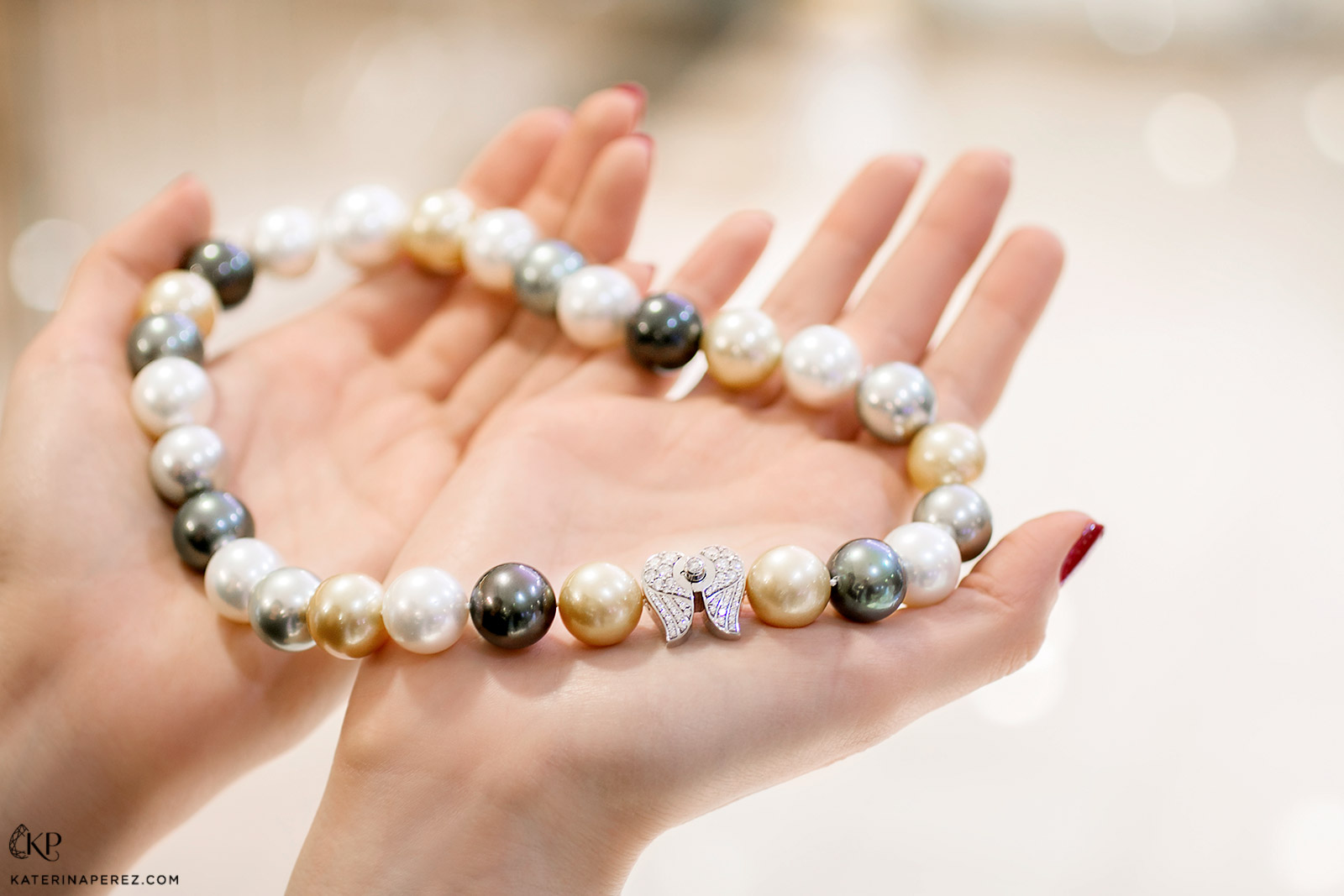 Ksenia Podnebesnaya necklace with South Sea and Tahitian pearls and diamond clasp
