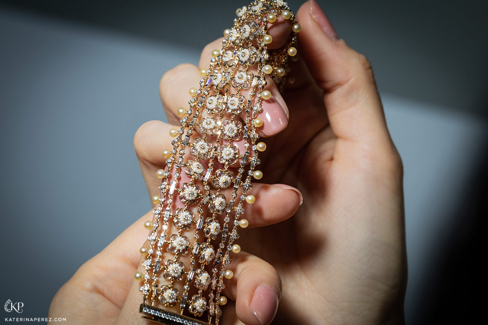 Moksh 'Empress' bracelet with 400 pearls and a total of more than 9ct diamonds in yellow gold