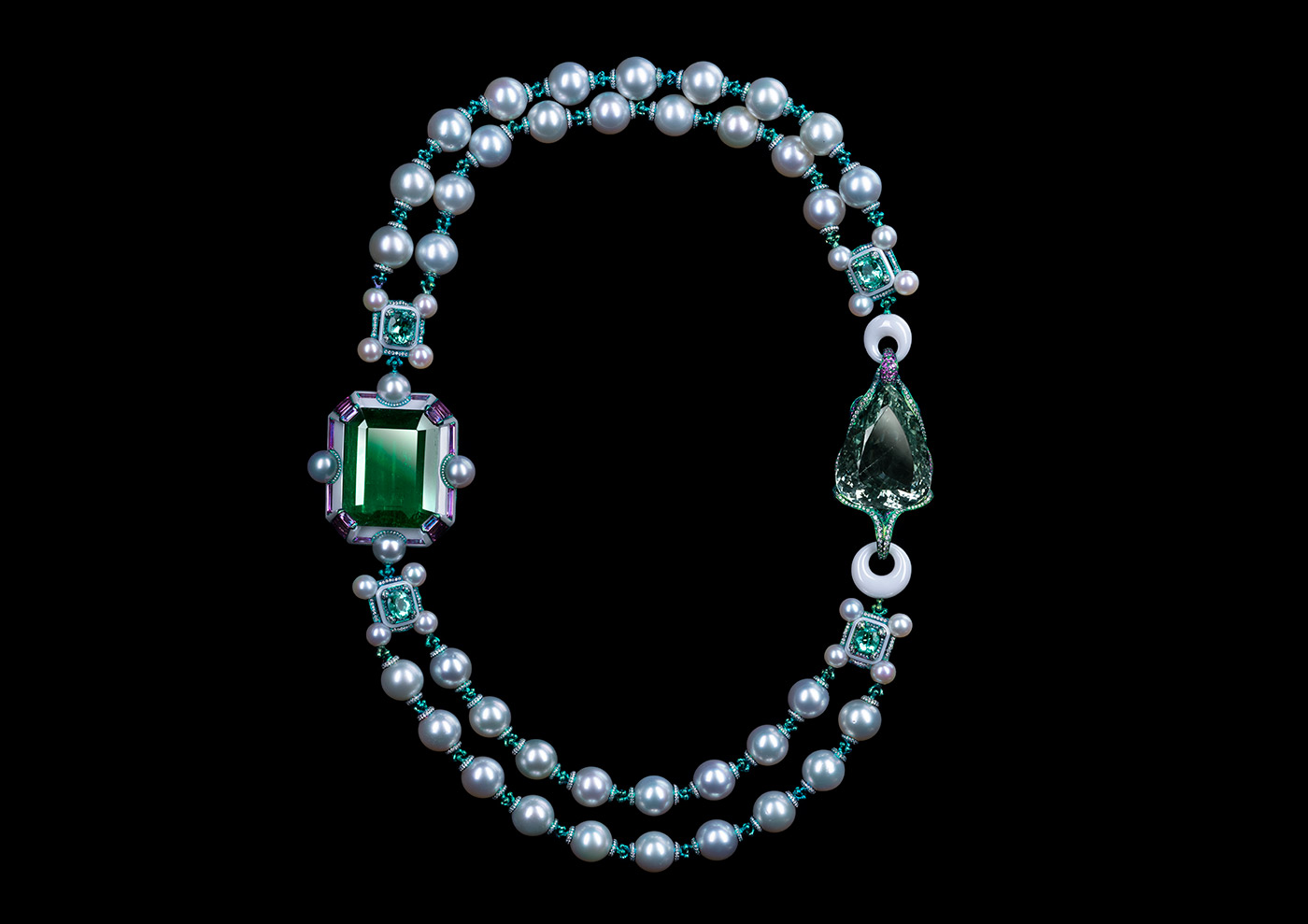 Wallace Chan ‘Dream Within a Dream’ transformable necklace with 96.71ct emerald, 74.35ct pear-shaped aquamarine, South Sea pearl, rubellite, emerald, pink sapphire, green tourmaline, amethyst and diamond, in titanium and Wallace Chan Porcelain