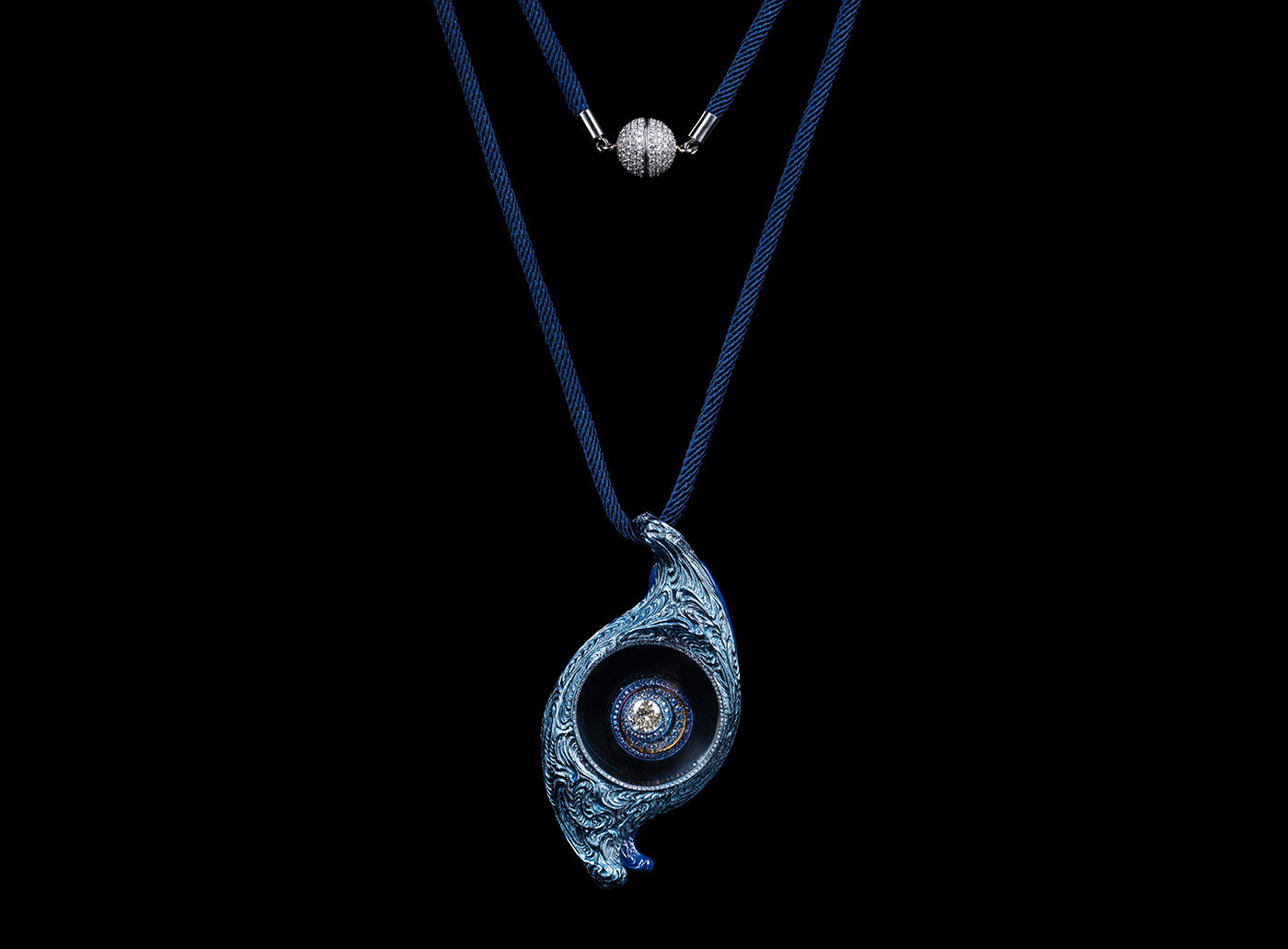 Wallace Chan ‘Eye of Time’ pendant with 1.06ct fancy yellow diamond, sapphire and diamond in 18K white gold, lens, titanium and Wallace Chan Porcelain