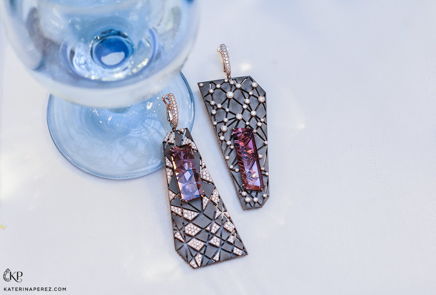 VMAR 'Orion &Auriga' earrings with fancy cut pink tourmalines of 17.50ct and 17.60ct, and diamonds in pink gold and titanium