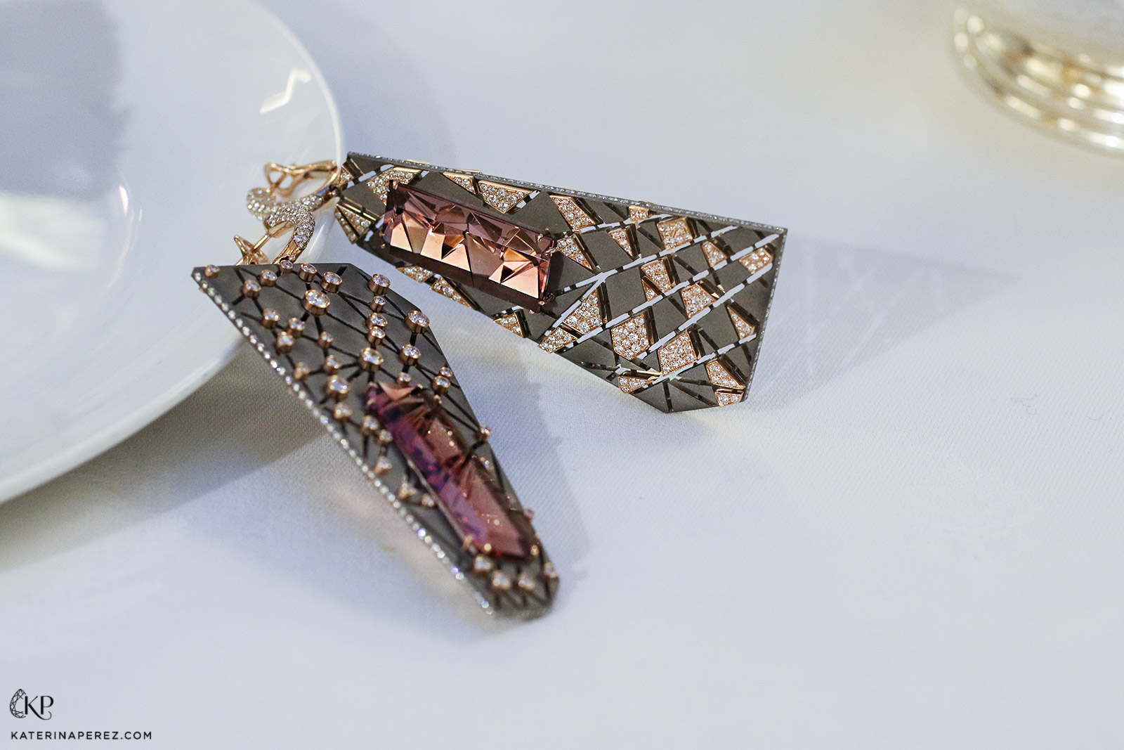 VMAR 'Orion &Auriga' earrings with fancy cut pink tourmalines of 17.50ct and 17.60ct, and diamonds in pink gold and titanium