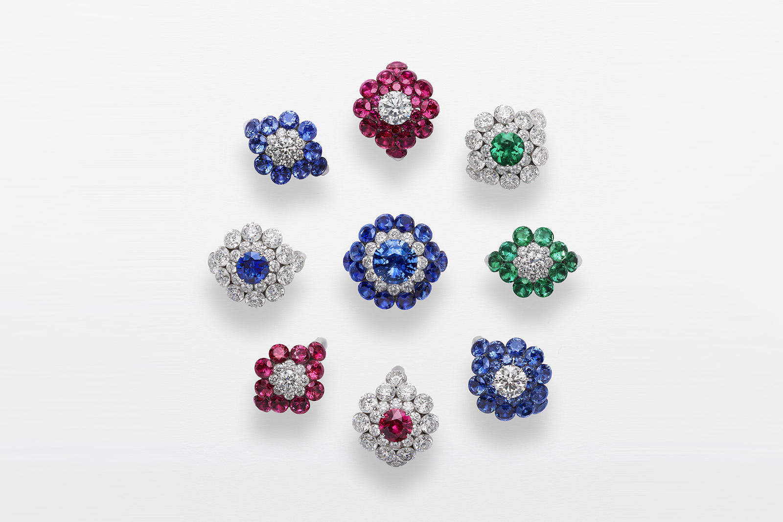 A selection of Chopard 'Magical Setting' rings in diamonds, sapphires, emeralds and rubies in 18k white gold