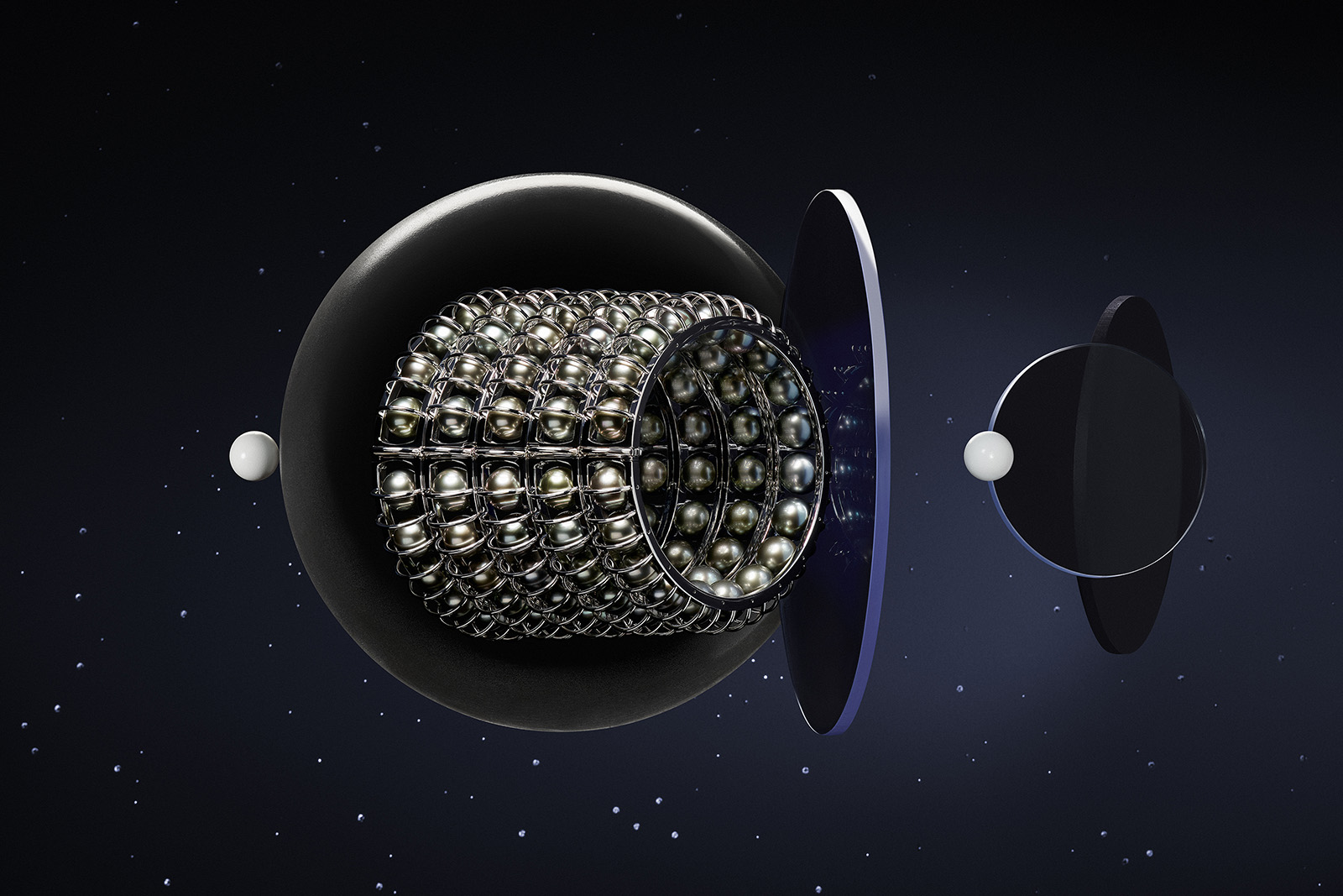 Cartier ‘The Alignment of the Planets’ cuff from the 'Les Galaxies de Cartier' collection with Tahitian pearls in 18k white gold