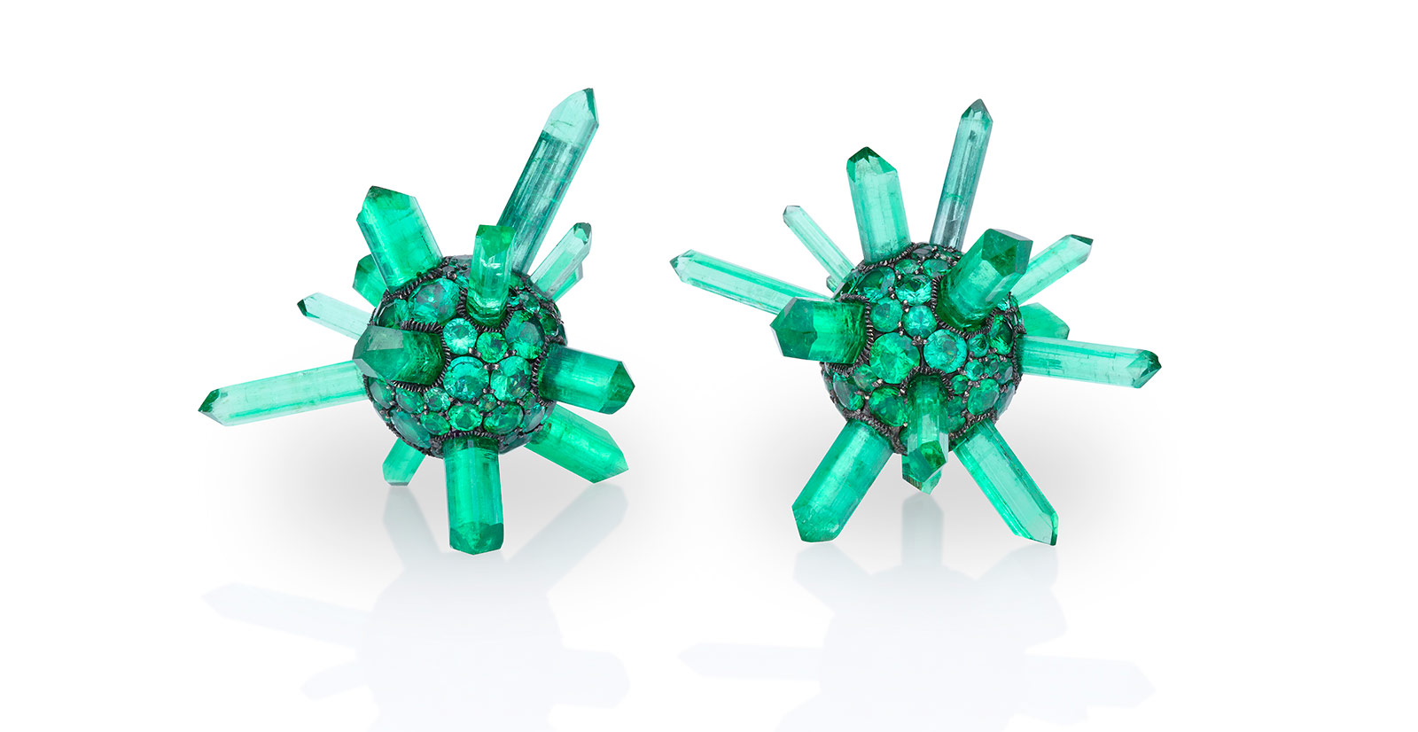 Theodoros earrings with 80ct Afghani emerald, and 22ct Colombian brilliant cut emerald pavé