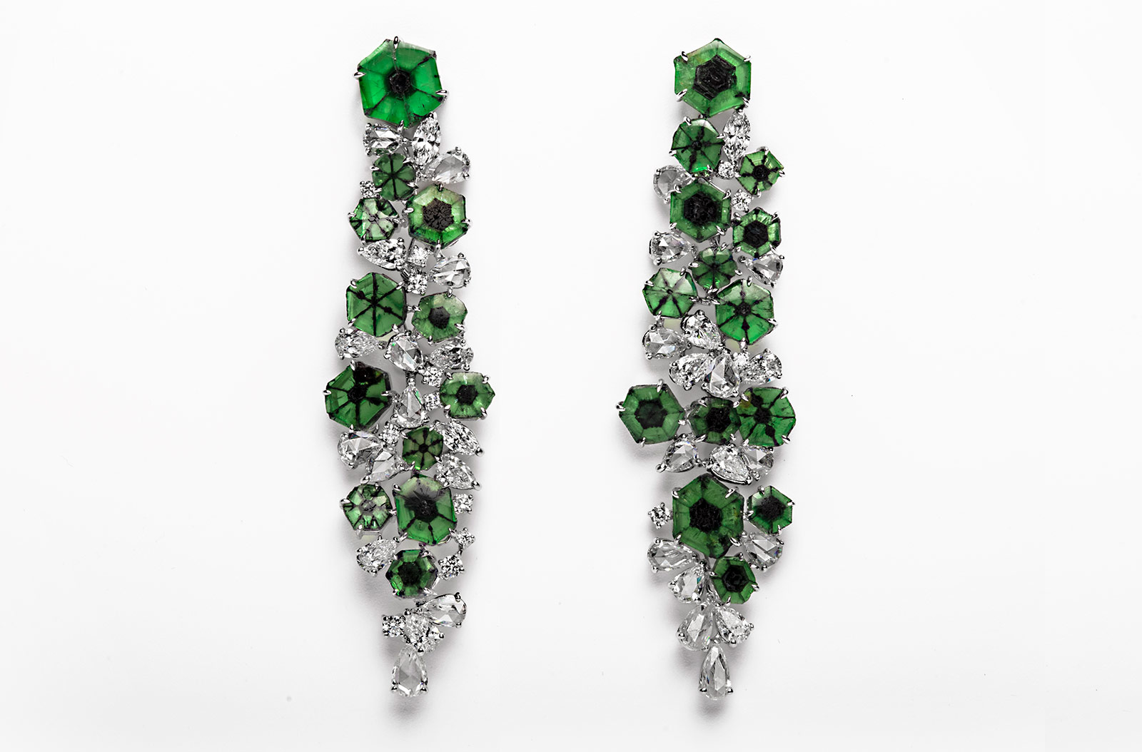 Qiu Fine Jewellery earrings from the 'Shanghai/Shanghai' collection with 21.21ct of trapiche emeralds and rose, marquise and pear cut diamonds