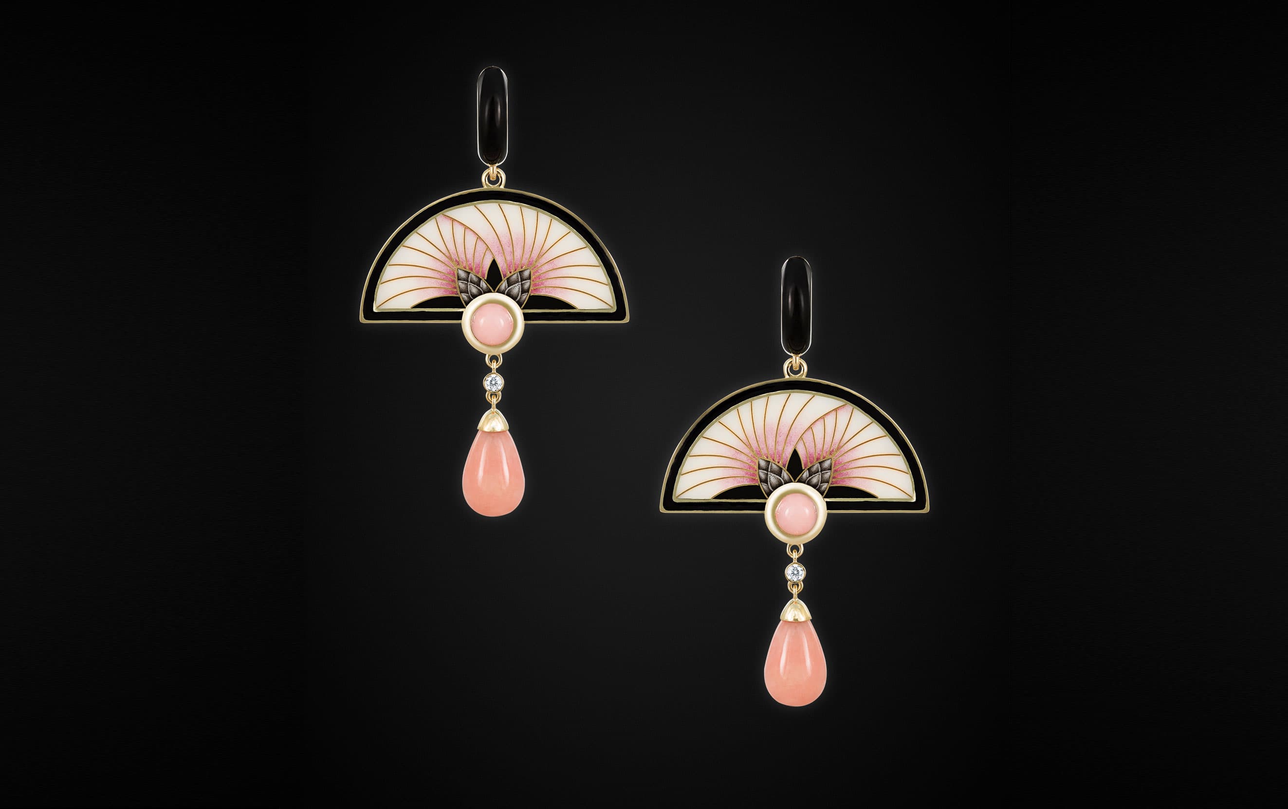 'Burdock' earrings by Ilgiz F. in art deco style embellished with hot enamel and pink opals