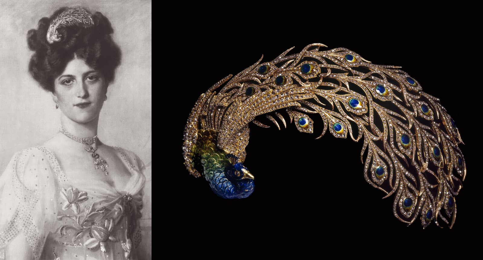 Anita Delgado wearing 'Paon Royal' brooch with enamel and diamonds created by Mellerio Dits Meller