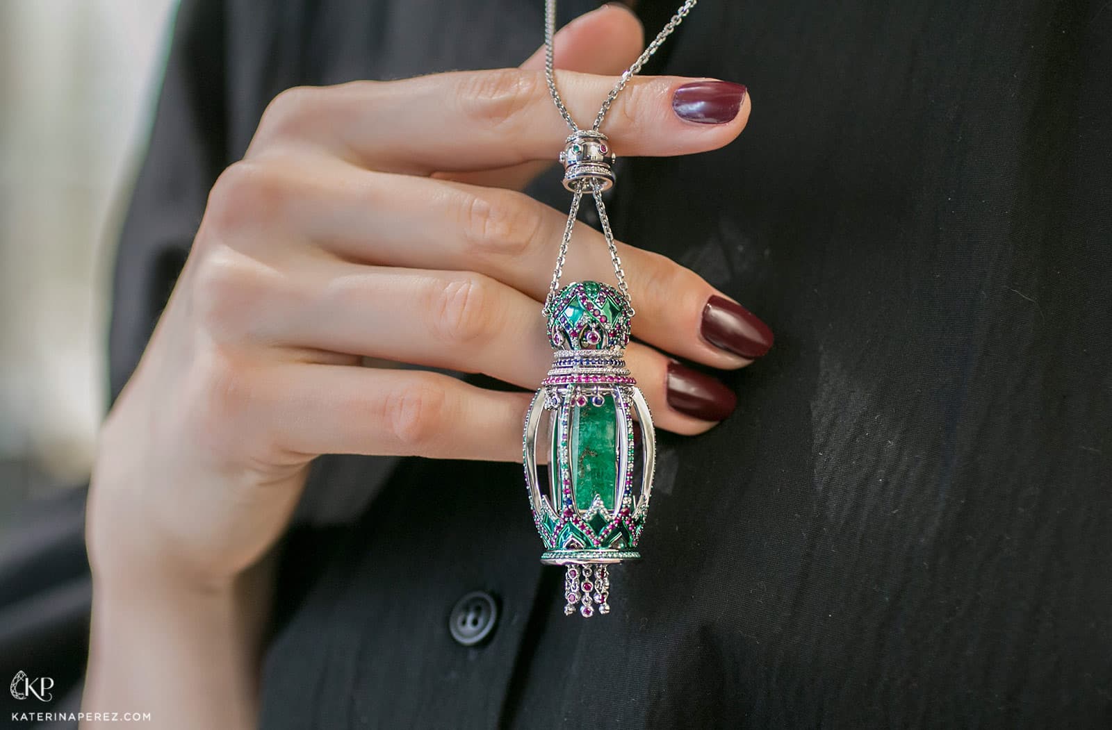 Alyona Russu's 'Russian Princess' pendant from Ringo's 'Matrena de Ural' collection with more than 19 carats of emerald, and accenting rubies, sapphires and diamonds in white gold
