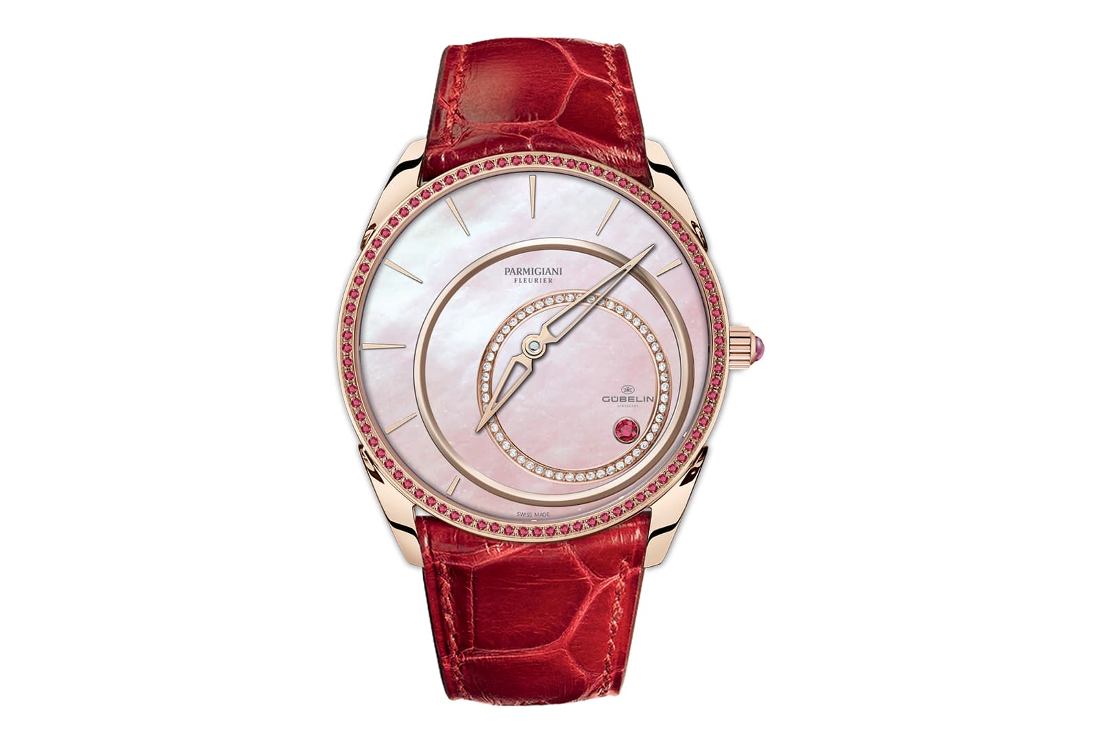 Parmigiani Fleurier timepiece with mother-of-pearl dial and red gold case paved with rubies