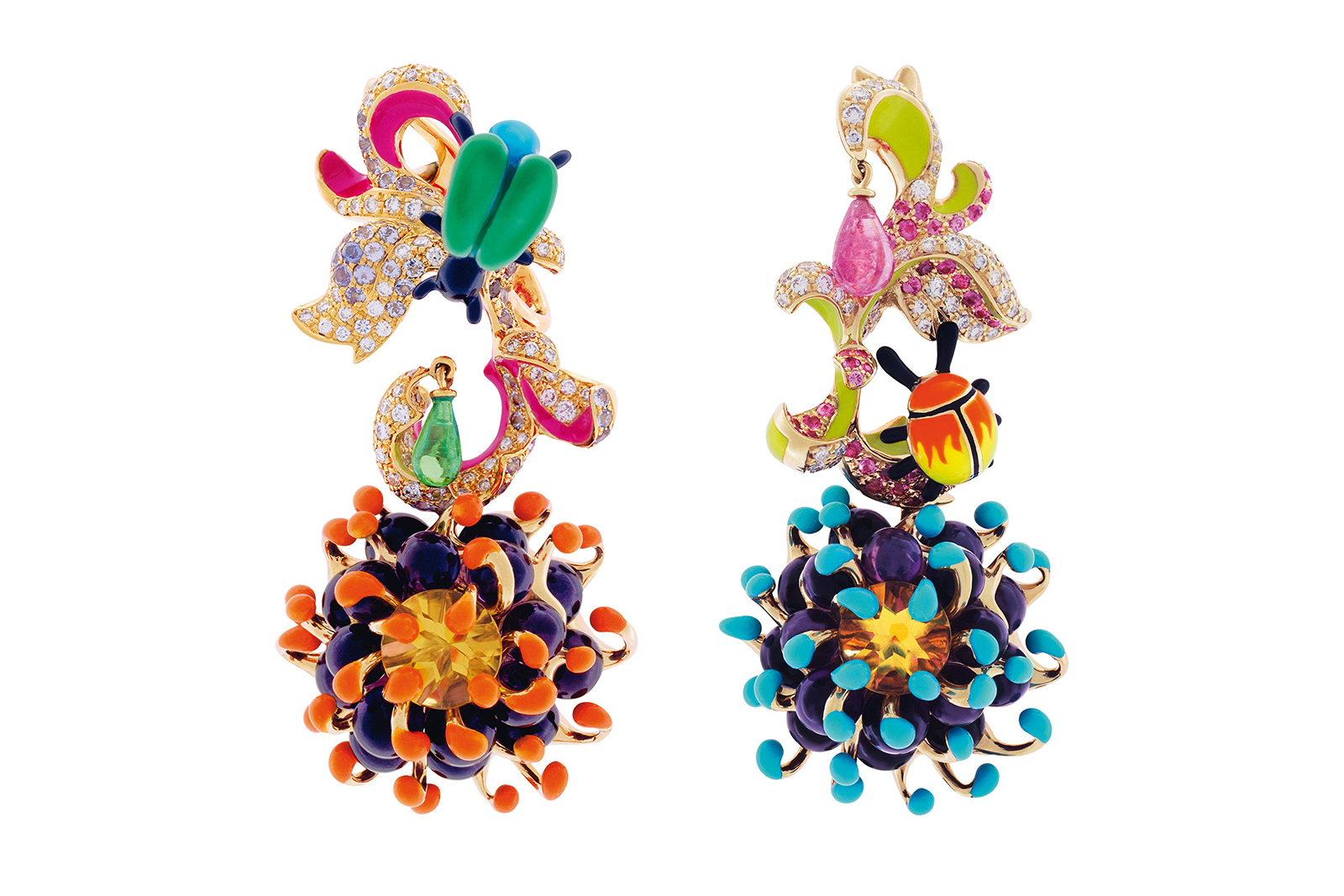 Dior ‘Milly Carnivora Egratigna Angélique' earrings with lacquer, diamonds, sapphires, emerald and citrine in 18k yellow gold