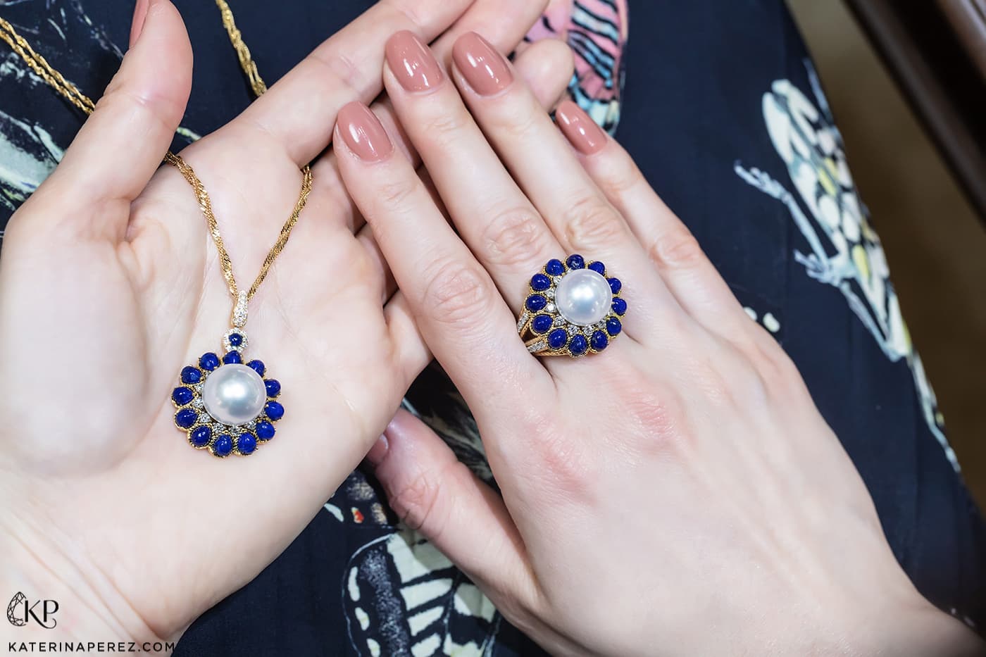 Autore 'Mediterranean' collection pendant necklace and ring with diamonds, South Sea pearls and lapis lazuli in 18k yellow gold